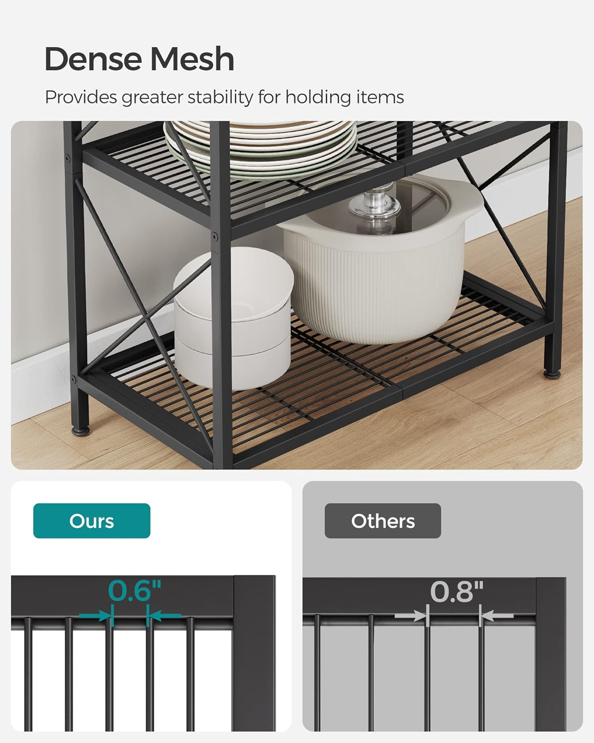 SONGMICS 5-Tier Metal Storage Rack, Shelving Unit with X Side Frames, Dense Mesh, 12.6 X 23.6 X 57.3 Inches, for Entryway, Kitchen, Living Room, Bathroom, Industrial Style, Black UBSC165B01 image number 6