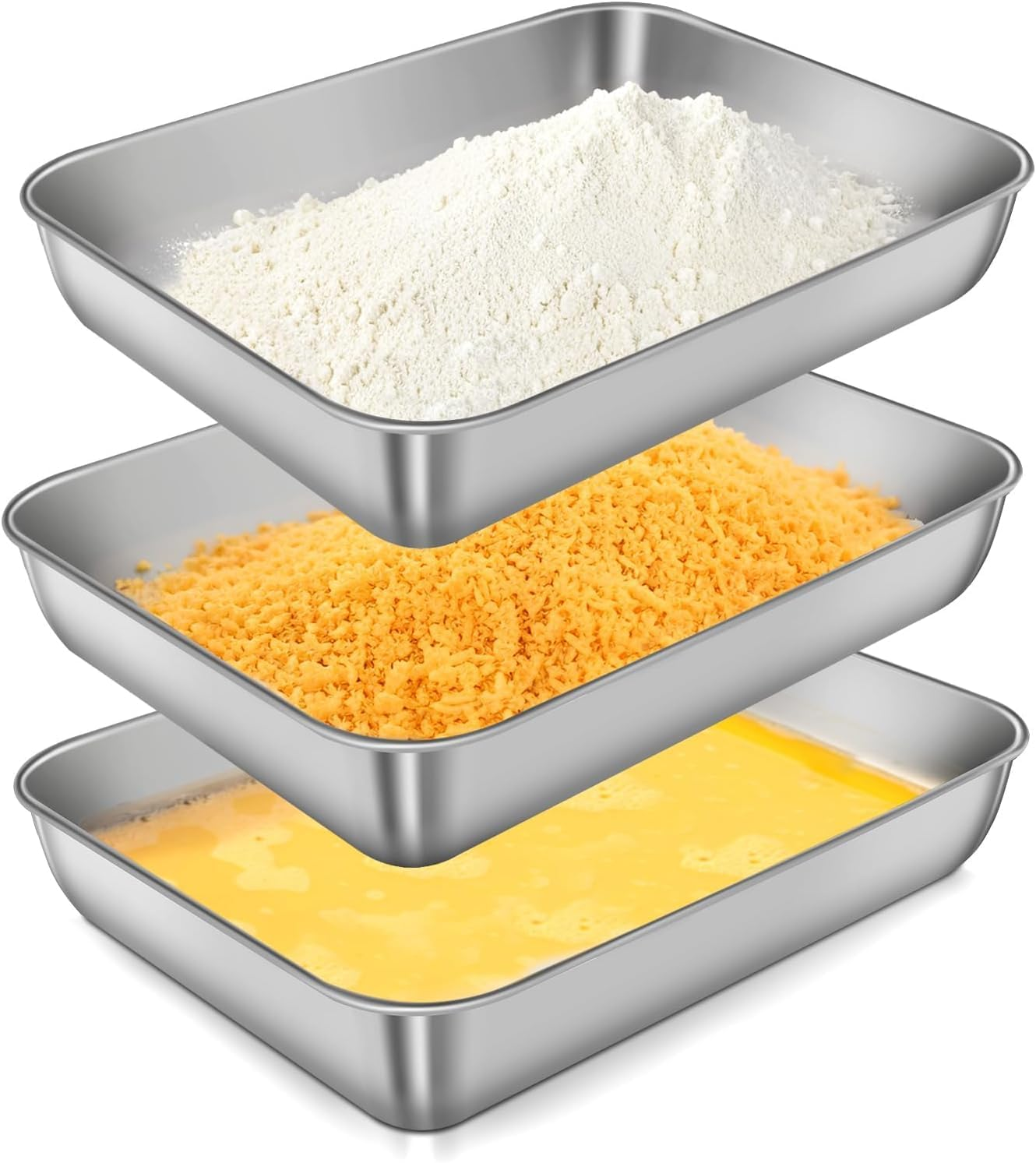 3-Pcs Stainless Steel Breading Tray Set, 25 X 19 X 5 Cm Stainlesssteel Baking Tray for Chicken Breast, Marinated Meat, Food, Oven and Dishwasher Safe