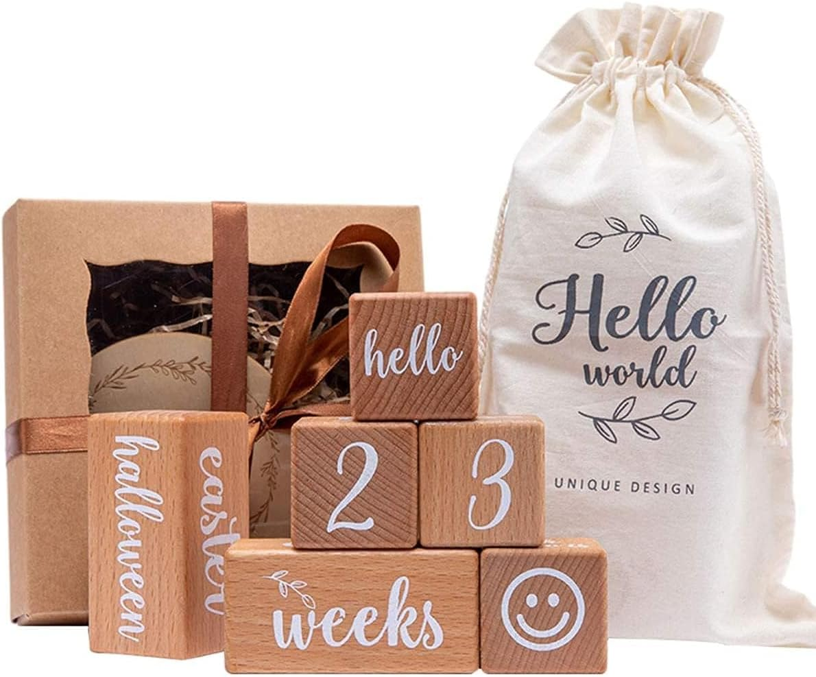 EERKEOD 6 PCS Baby Milestone Blocks Month Blocks Baby Age Blocks for Monthly Milestone Wooden Baby Photo Props Set Perfect for Baby Shower and Keepsake image number 2