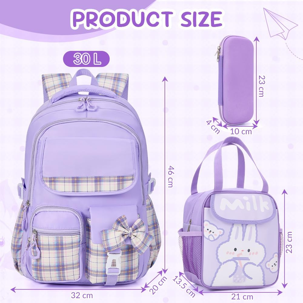 WOTOW School Backpack for Girls, Large Capacity Water Resistant Schoolbags with Lunch Bag Pencil Case & Cute Pendants, Ideal Children Teens Primary to Middle School - Pink image number 2