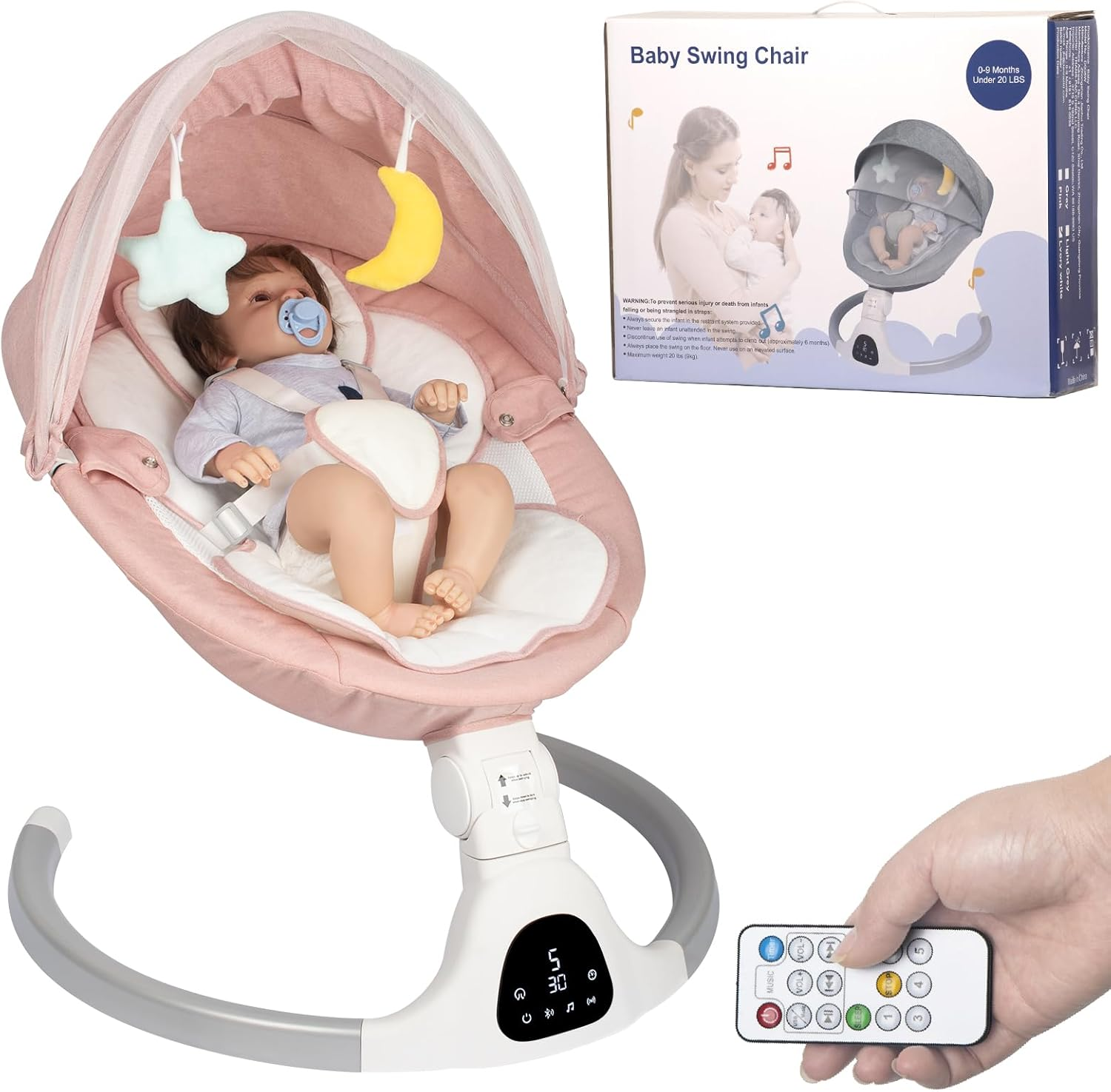 Electric Baby Swing for Infants, with Bluetooth Remote Control Timing Function and 10 Music 5 Swing Speeds 3 Seat Positions Baby Bouncer for Boy Girl Indoor & Outdoor Use (Pink)