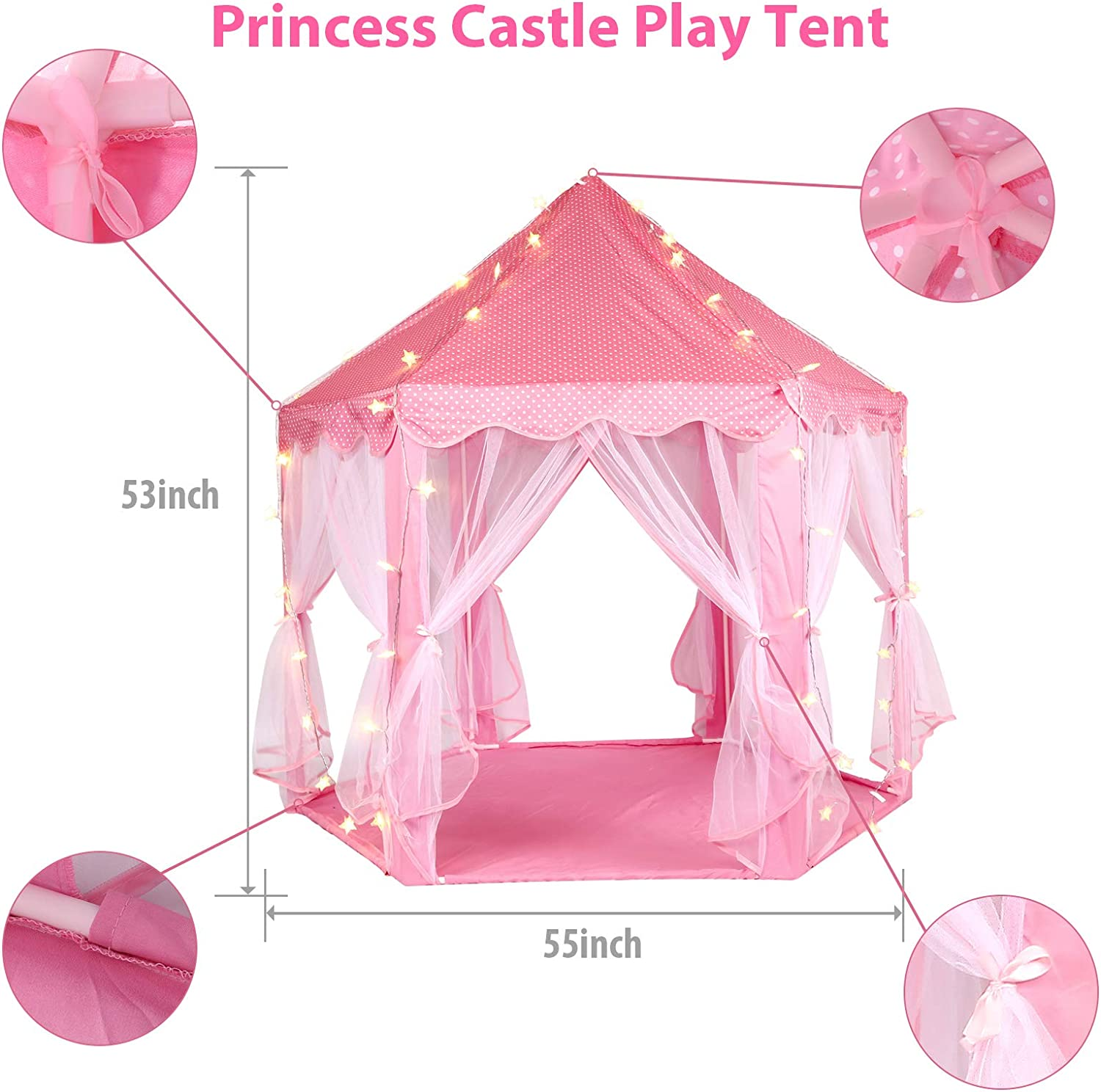 Volscity Princess Tent for Girls,Kids Castle Play Tent with LED Star Lights,Large Playhouse Girl Toy Gifts Age 3+,Indoor and Outdoor Games 55.5"X 53"(Dxh) Pink (Pink)