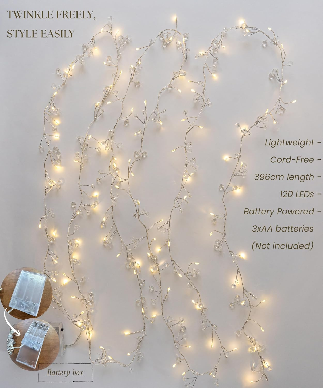 Meletē LED Dewdrop String Lights - 4M (13Ft), 120 Warm White Leds, Battery Operated - Fairy Lights for Indoor Use, Christmas, Bedroom, Party Decoration image number 2