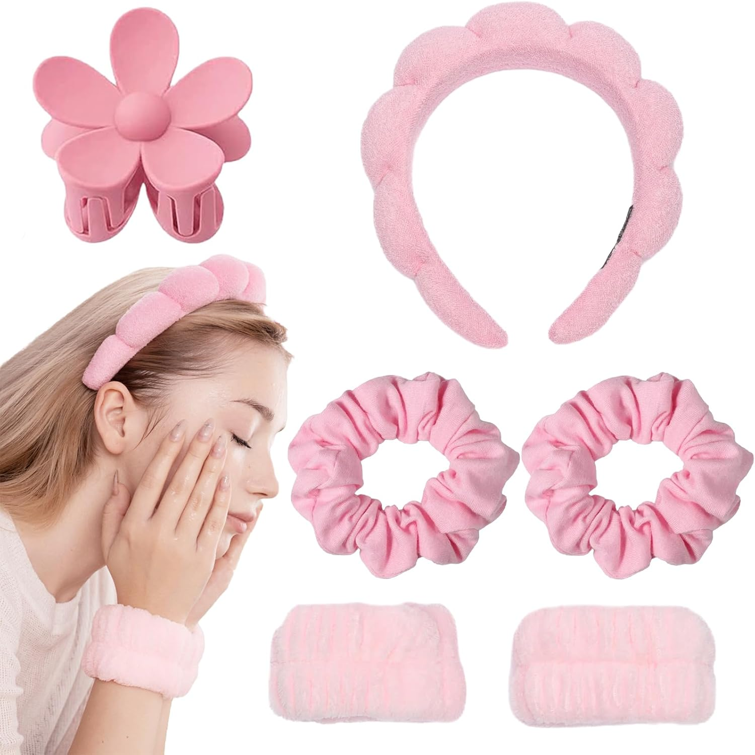 6 Piece Hair Band Cosmetic Set with Spa Headband, Elastic Makeup Hair Band for Girls and Women, Spa Headband, Makeup Headband, for Skin Care, Facial Cleansing, Shower, Pink