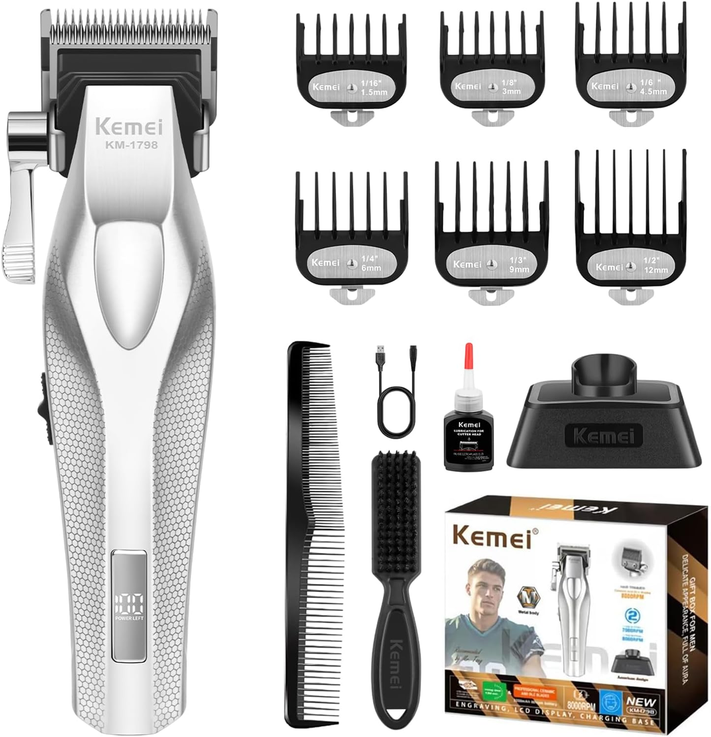 KEMEI KM-1798 Professional Hair Clipper for Men, Cordless Beard Trimmer, Barber Clippers with USB Rechargeable, Edgers, Fade Clipper, Gift for Men image number 2