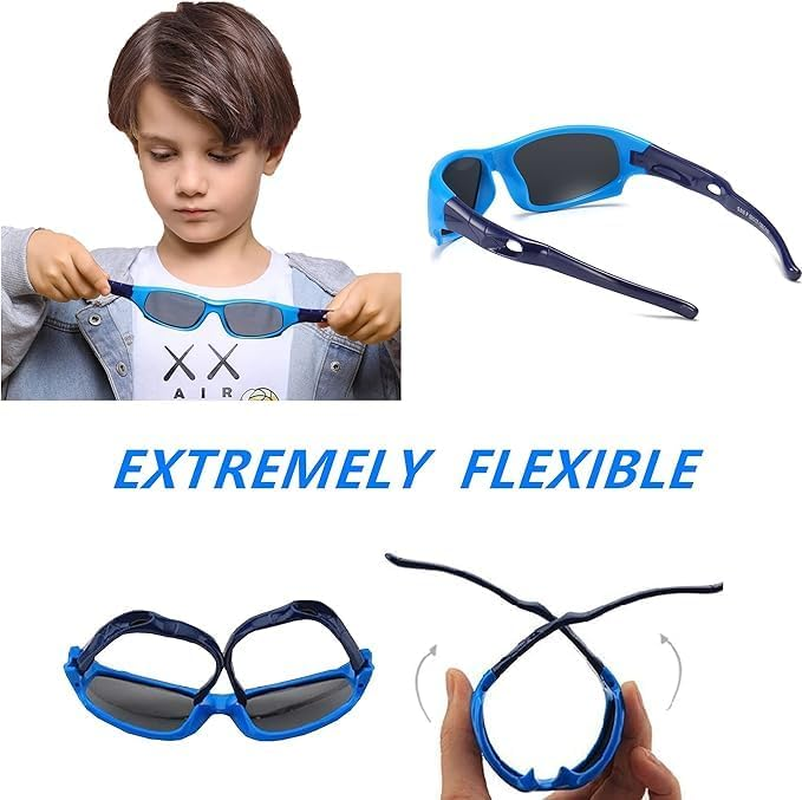 Flexible Kids Sunglasses Polarized Sports Sun Glasses Girls Boys Cycling Shades with Straps UV400 Protection Eyewear for Age 3-10 - 2 Pack - Black+Blue/Darkblue image number 2