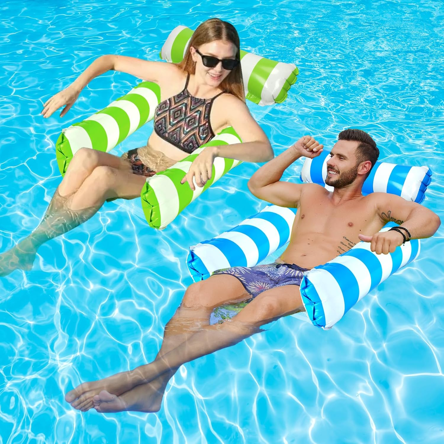 2 Pack Inflatable Pool Floats 4-In-1 Pool Hammock with Bottom Mesh 3 Tubes Inflatable Hammock for Adults,Portable Floating Chair Bed for Travel, Swimming Pool Hot Tub