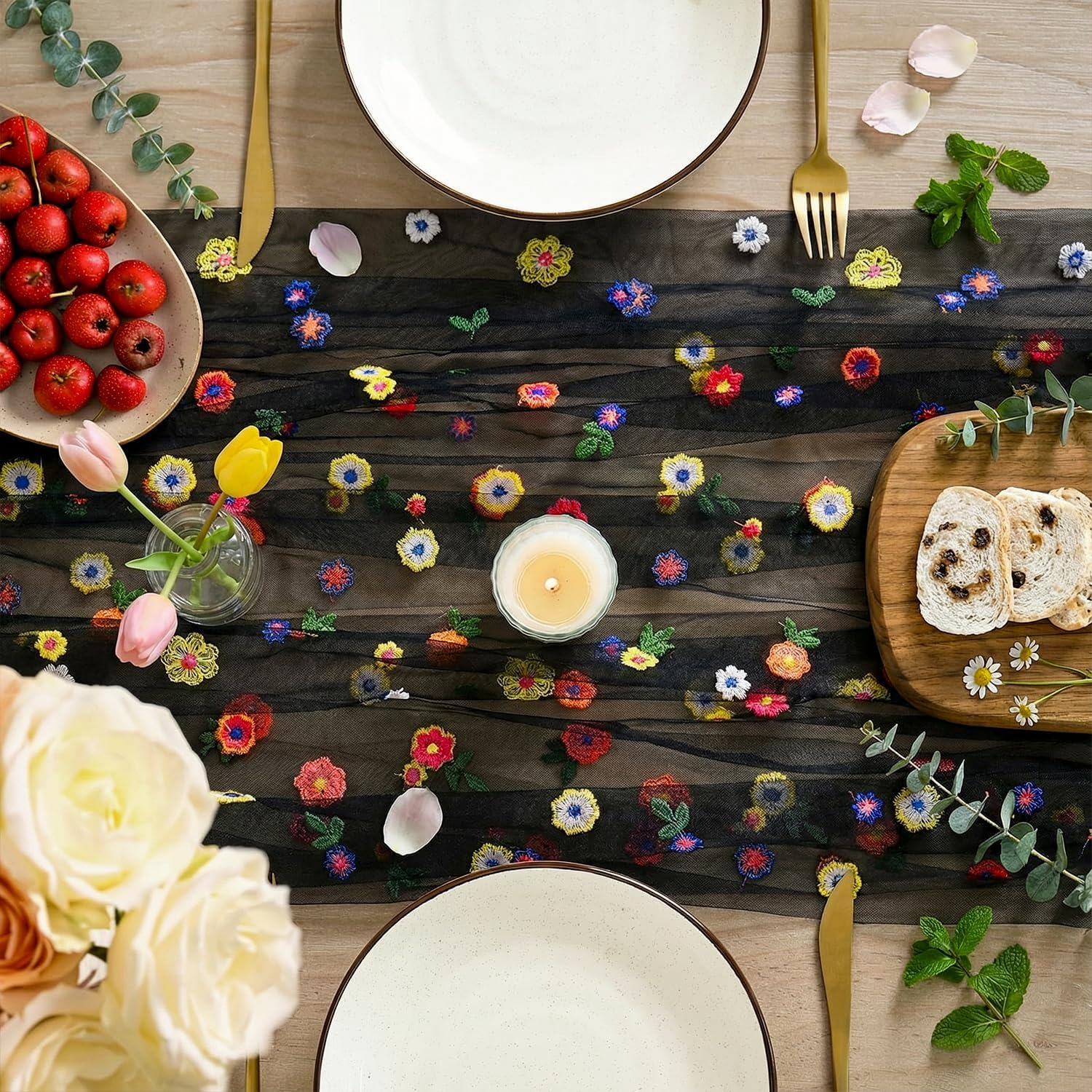 Artoid Mode Black Embroidery Daisy Gauze Table Runner 120 Inch 10FT, Seasonal Sheer Kitchen Dining Holiday Wedding Birthday Table Decor for Home Party