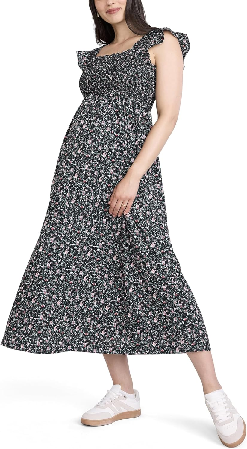 Motherhood Maternity Women'S Sleeveless Ruffle Shoulder Smocked Maxi Pregnancy Dress