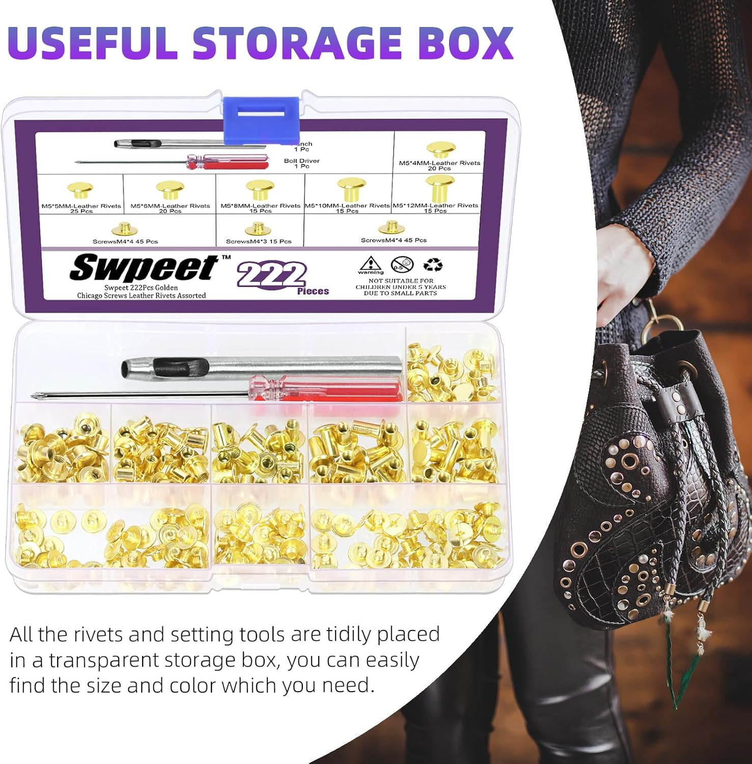 Swpeet 110 Set 6 Sizes M5 X 4Mm/5Mm/6Mm/8Mm/10Mm/12Mm Gold Leather Rivets Chicago Binding Screws with Install Tools Assortment Kit, Screw Rivets M5 Chicago Binding Screws for Repair Leather