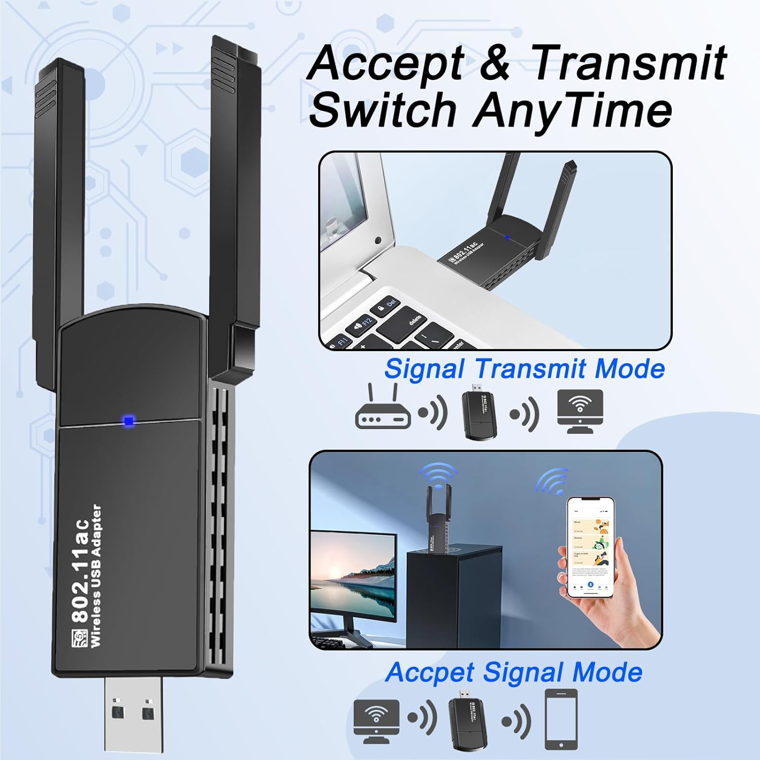 USB Wifi Adapter for PC 1300Mbps Wireless USB Computer Network Adapter USB 3.0 Wifi Dongle Wifi Antenna Dual Band 5G/2.4G for Desktop Laptop for Windows 7/8/8.1/10/11/Xp/Vista/Linux/Mac Os 10.9-10.15