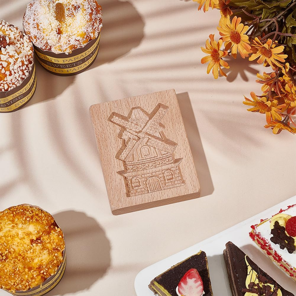 GOMAKRER 1 Pcs Carved Wooden Windmills Cookie Mold, Kitchen Wooden Cookie Cutter 3D Biscuit Press Stamp Molds Gingerbread Cookie Stamp for Christmas Kitchen DIY Baking Tools