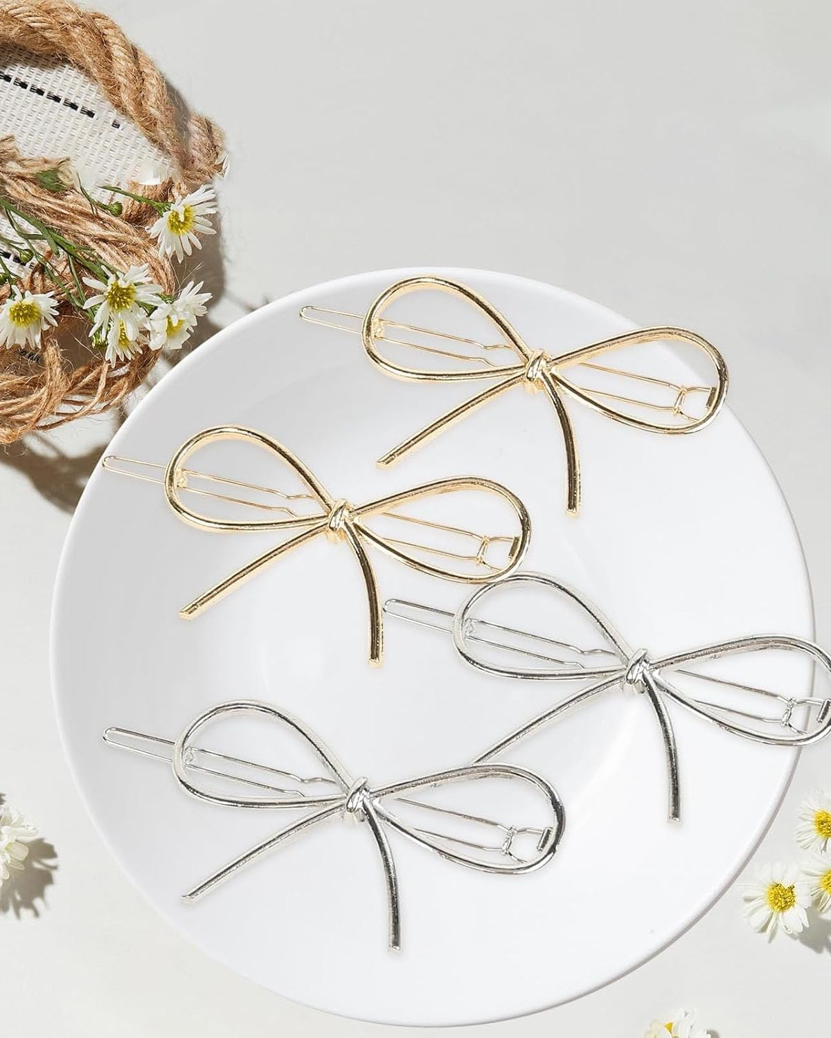 BPTRKOM Pack of 4 Hair Clips Bow - Hair Clips with Metal Bow for Women and Girls, Chic, Simple, Fashionable, Hair Clips Women'S Metal Retro for Wedding Party Girls (Gold, Silver) image number 3