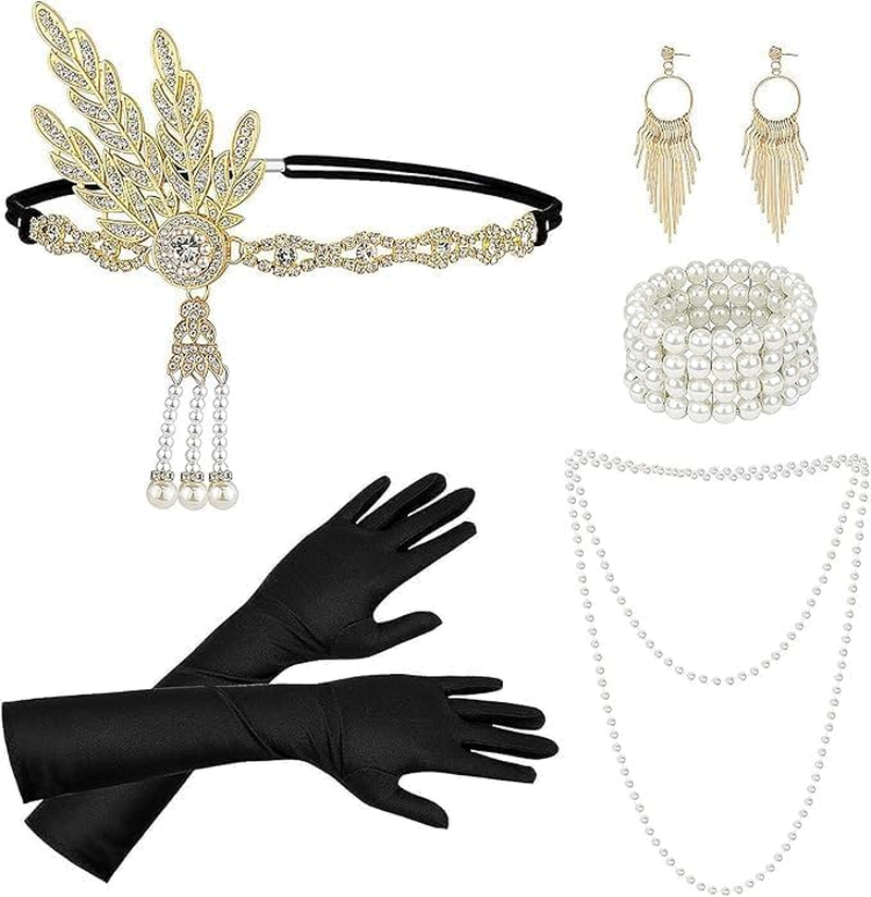 1920S Great Gatsby Accessories Set,Costume Accessories,Includes Headband, Necklace, Gloves, Earrings, Bracelet, Holder image number 5