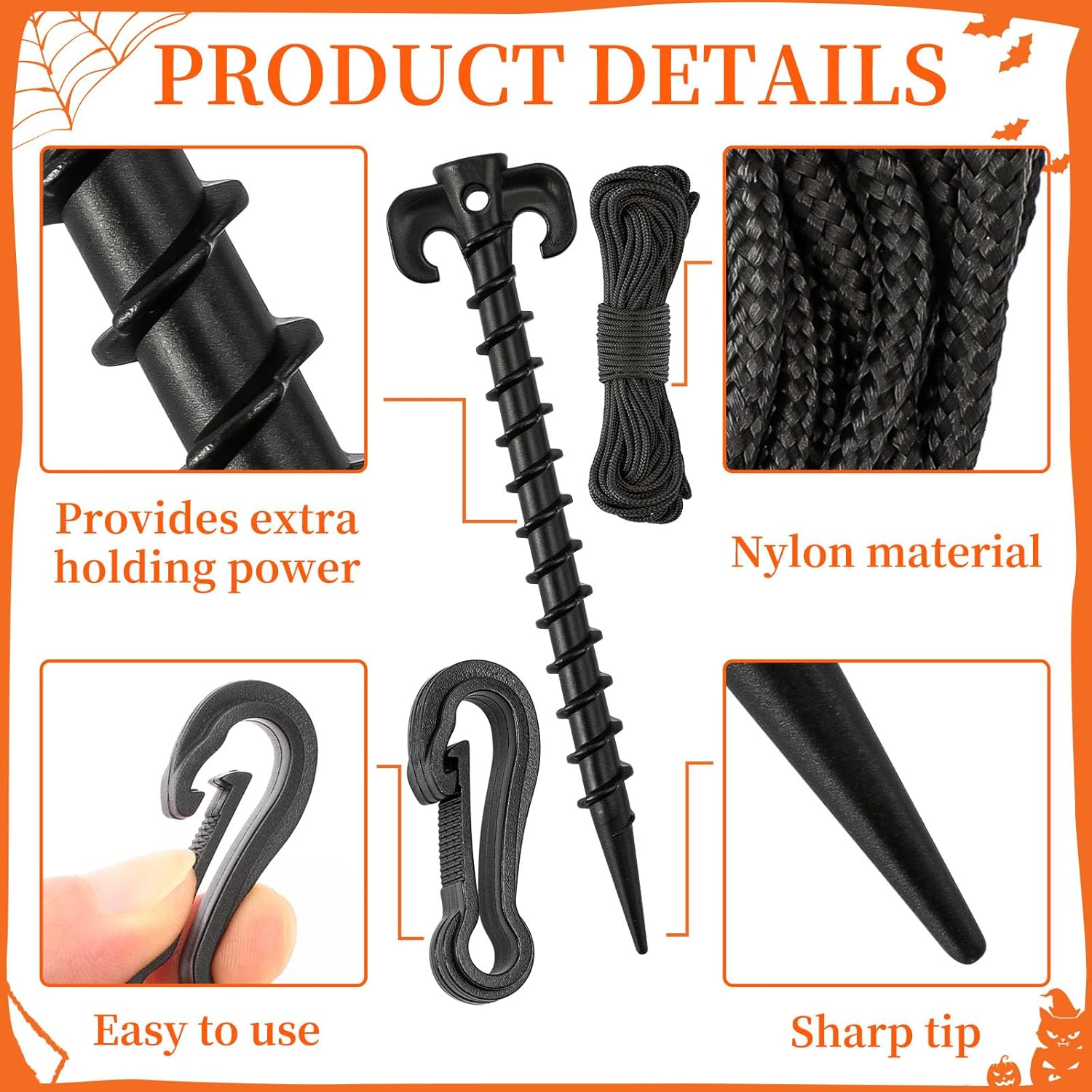 AUGSUN 27 Pieces Plastic Inflatable Stakes Set, Include Tent Stakes, Tethers Ropes and Hooks Heavy Duty Garden Yard Stakes for Halloween Christmas Outdoor Decorations (Black) image number 2