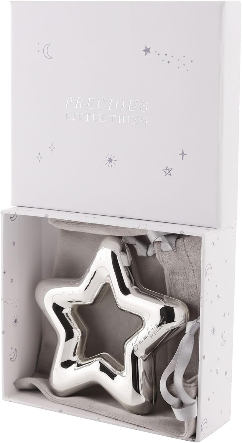 Widdop Bambino Luxury Silver Plated Star Rattle for Baby - Gift for Baby Shower, New Baby, New Parents, Christening - Includes Gift Box and Stylish Grey Pouch - Baby Keepsake Gifts Present image number 1