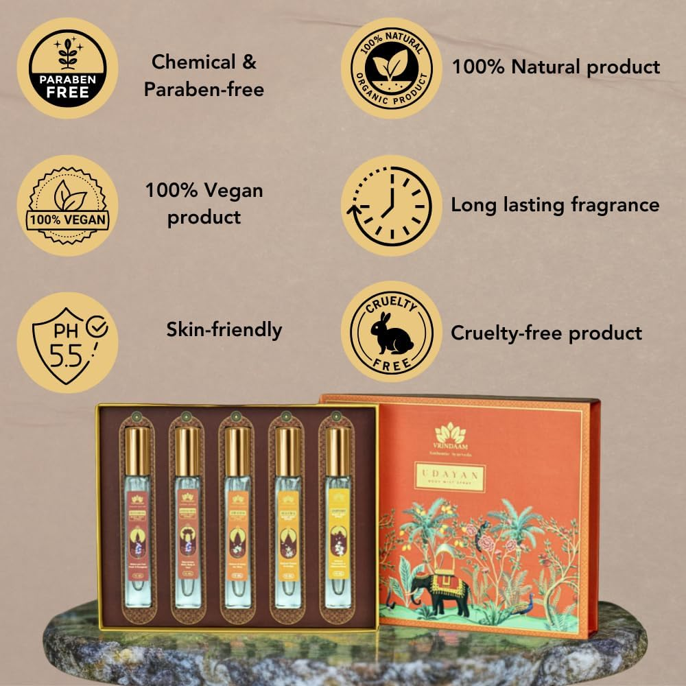 VRINDAAM Udayan Body Mist Gift Box for Women & Men | Perfect for Anniversary, Birthdays & Special Occasions | Fresh Lavender, Citrus Woody, Sweet Musky Scent | 5 Piece Gift Set (5X10Ml) (Heritage Gift image number 4