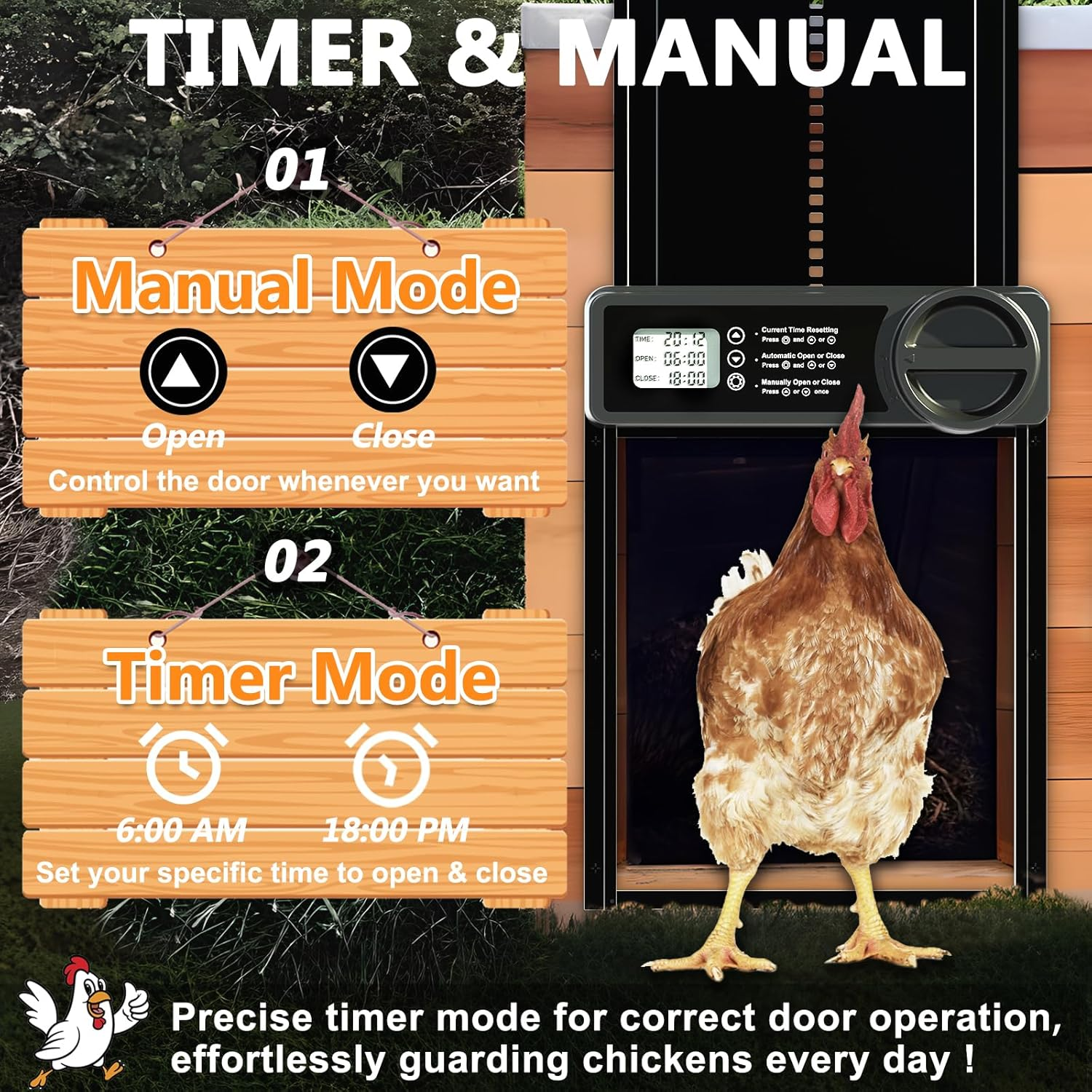 INNOLAND Automatic Chicken Coop Door with Timer/Manual Mode, Aluminum Alloy Chicken Door | Anti-Pinch | Large Programmable LCD Screen, Chicken Door with Low Battery Warning image number 4