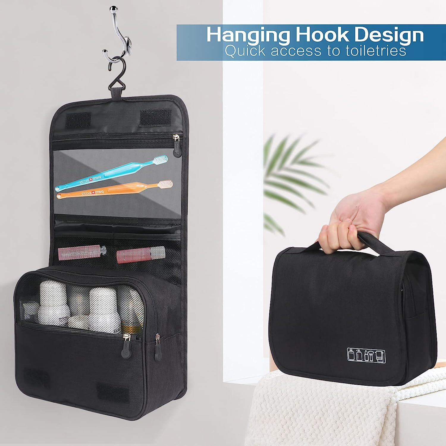 Simpolor Hanging Toiletry Bag, Large Capacity Men'S and Women'S Cosmetic Bag, Waterproof Portable, 23.5 X 9 X 19Cm, Black image number 5