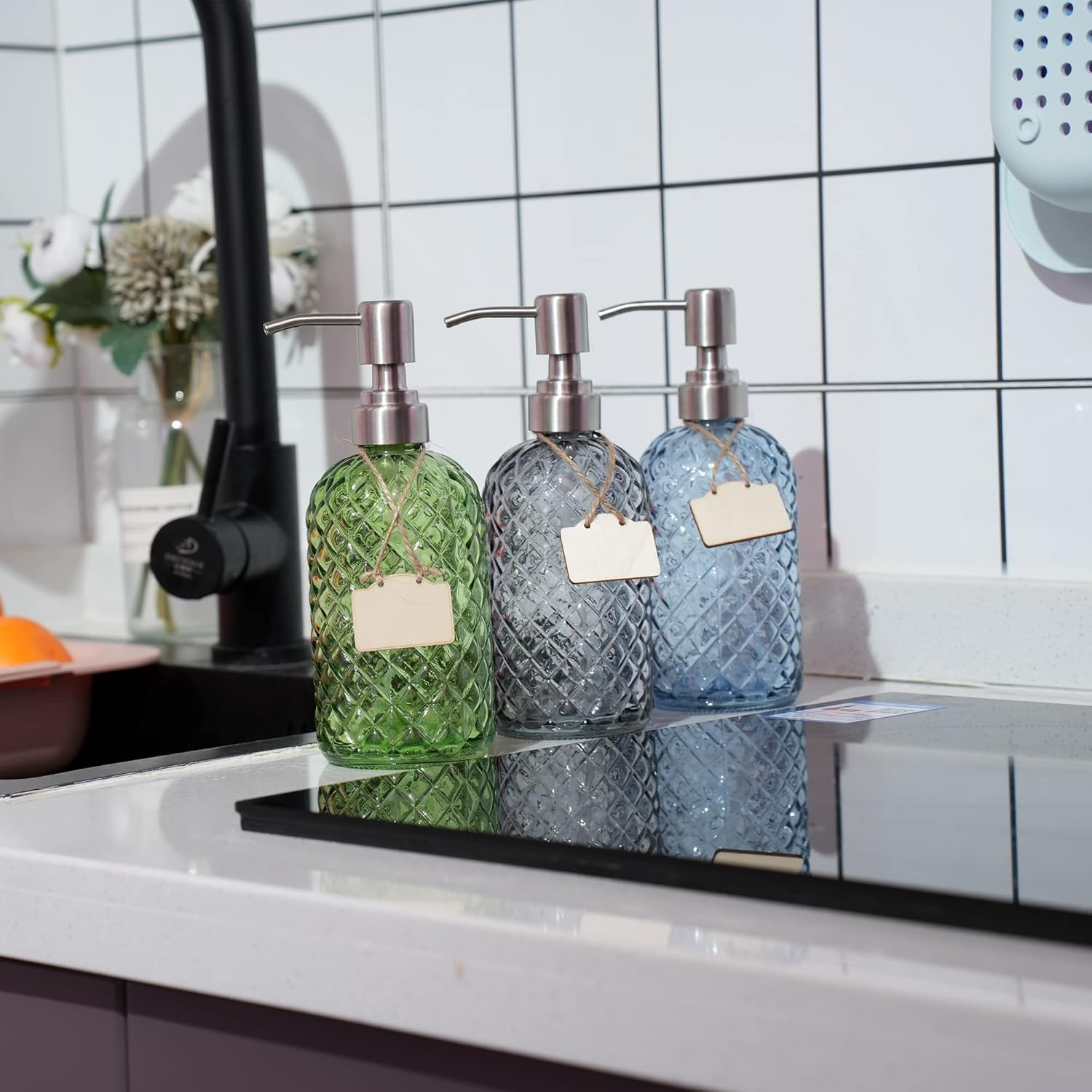 16 Oz Diamond Pattern Glass Soap Dispenser, Kitchen and Bathroom Refillable Soap Dispenser with Rust Resistant Stainless Steel Pump for Hand Soap, Lotion Glass Liquid Dispenser (Blue) image number 3