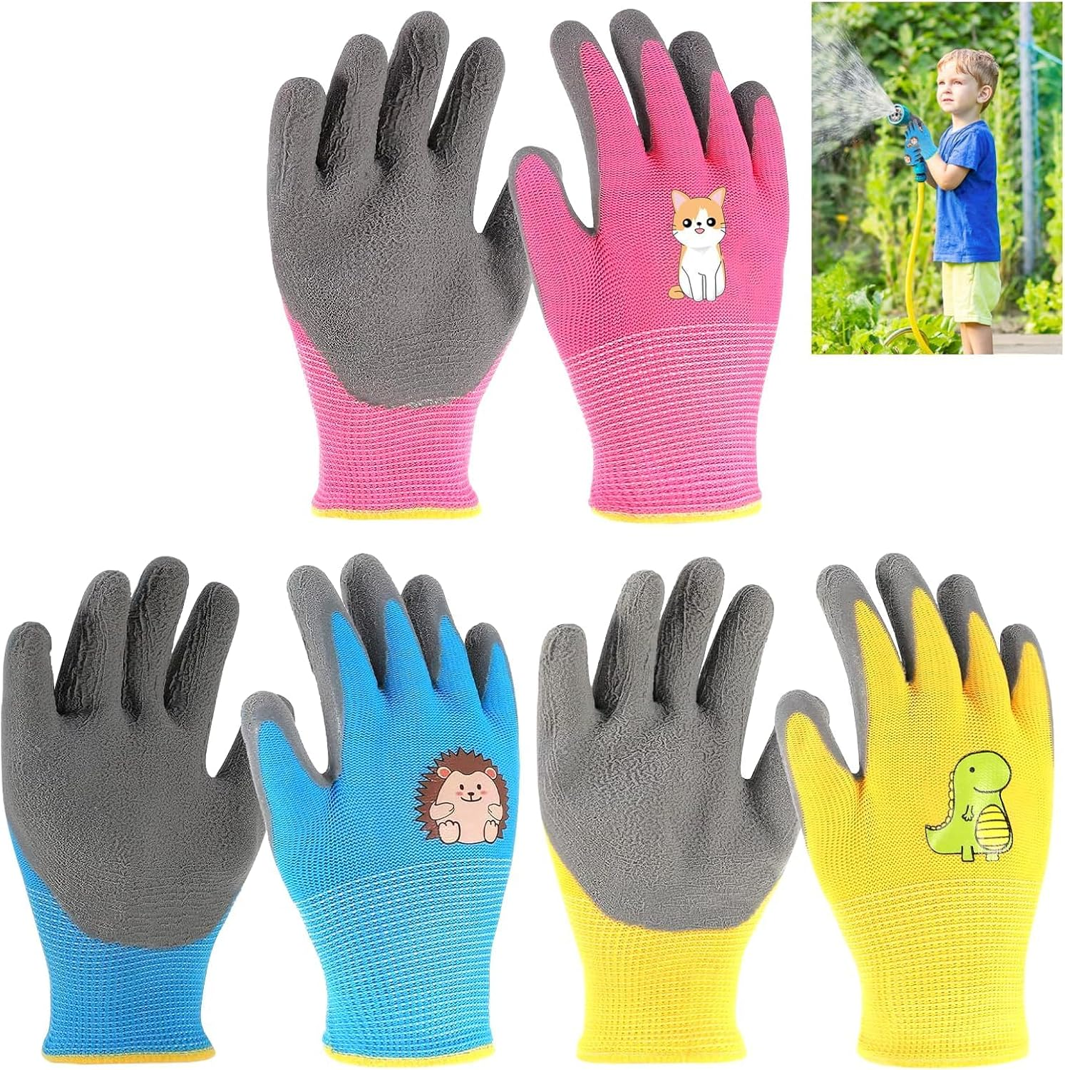Eukyplace Kids Gardening Gloves (3 Pairs), Work Gloves Made of Latex, Non-Slip Gardening Gloves, Suitable for Children Aged 3-9, for Beach Blay, Picking Fruits and Vegetables(Cyan+Pink+Green)