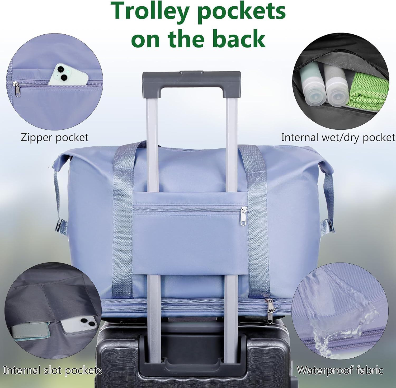 Wymulot Expandable Suitcase, Folding Travel Bag with Wheels, Weekender Travel Bag for Carry-On, Tote Bag with Storage Space，Large Luggage Bag for Business Trips, Camping, Short Trips, Fitness, Misty - Green image number 5