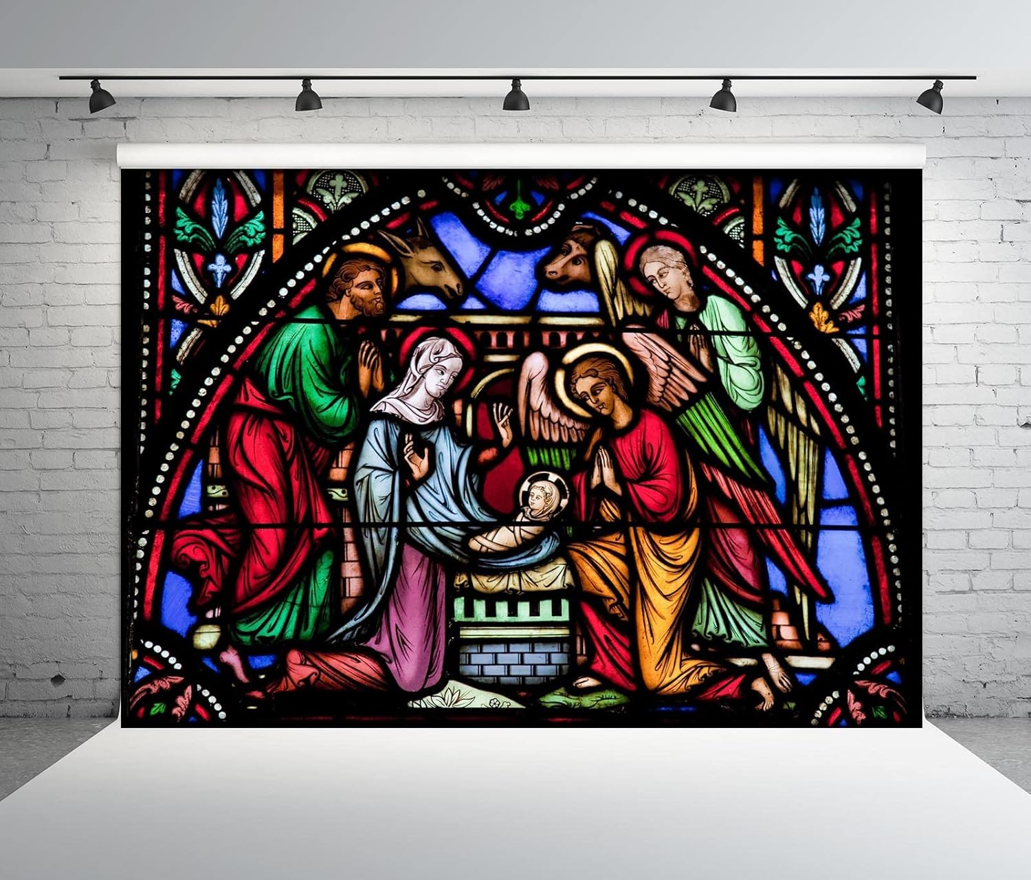 BELECO 8X6Ft Fabric Christmas Nativity Scene Backdrop Cathedral Stained Glass Window Religious Xmas Church Birth of Jesus Photography Background Holy Family Nativity Decor Photo Studio Props image number 4