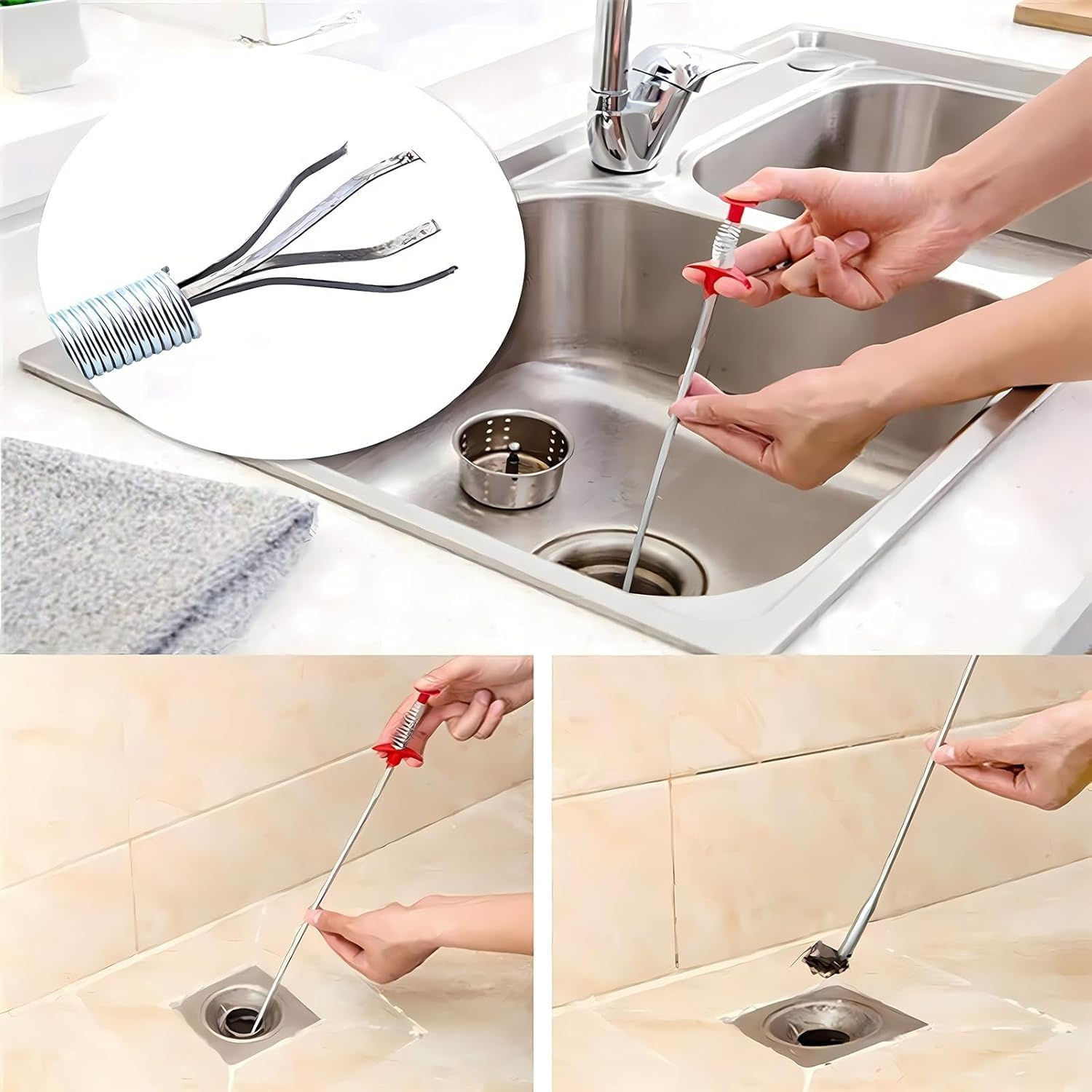 Flexible Grabber Claw Tool for Drains, 63 Inch/160 CM Reacher & Pickup Tool with 4-Prong Claw for Unclogging Sinks and Showers - Fengea image number 6
