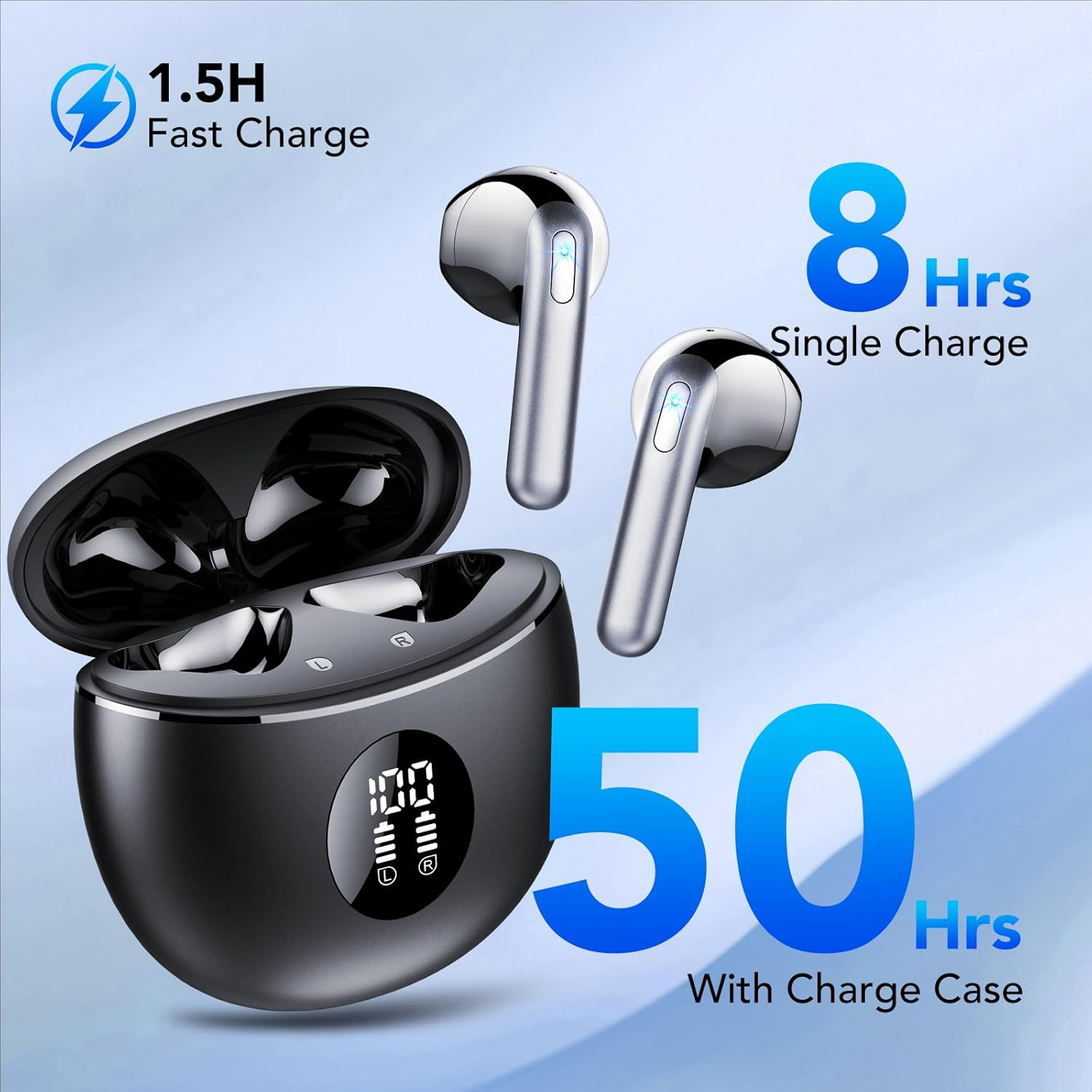 Wireless Earbuds, Bluetooth 5.4 Headphones with 4 ENC Noise Cancelling Mic, Deep Bass, IP7 Waterproof, 50H Playtime, LED Display, in Ear Earphones for Phone, Tablet, Laptop, Sports, Dazzling Black image number 3