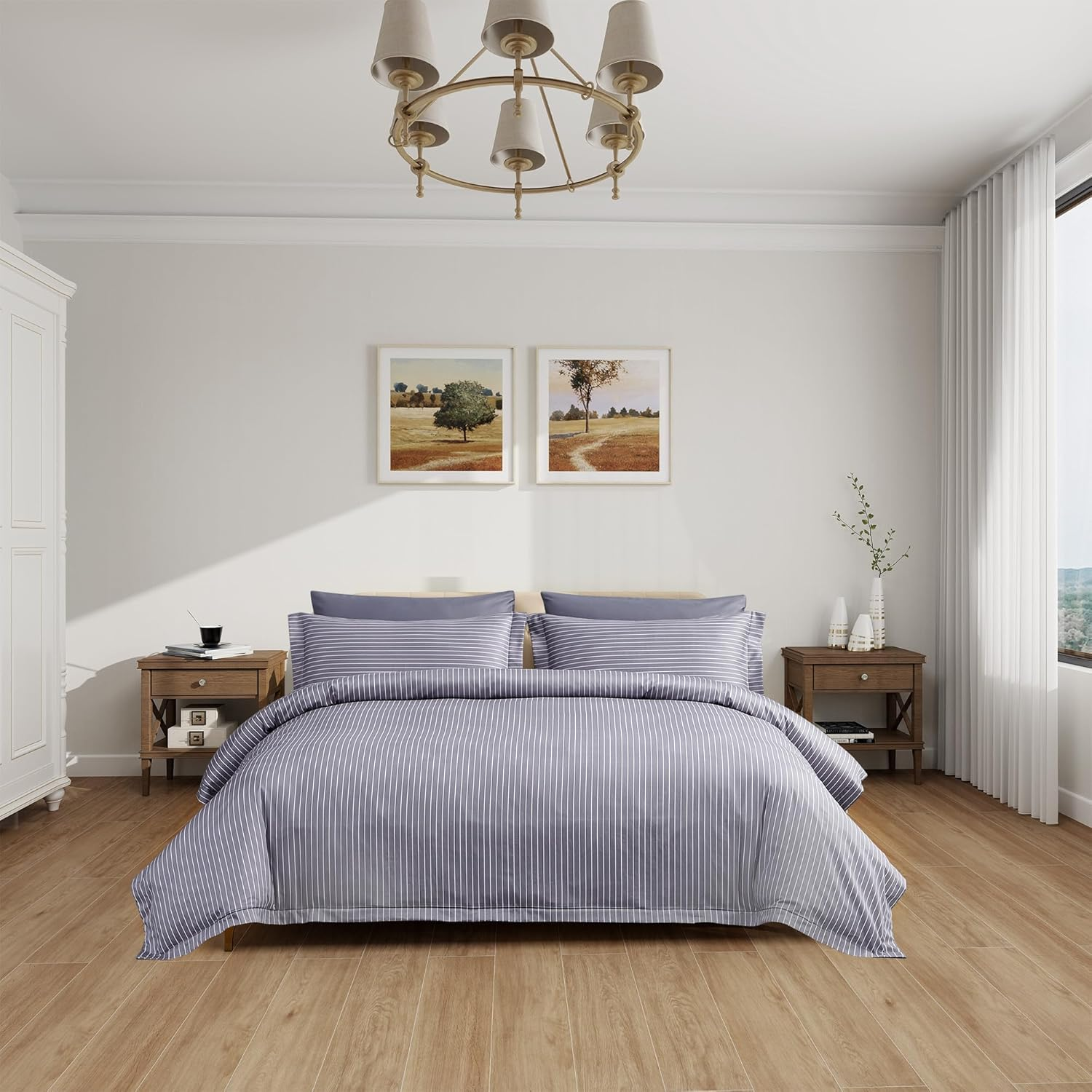 ACCURATEX Quilt Cover Set Double Size,400Tc Long Staple Cotton, Sateen Weave Percale Luxe Comforter Cover with Zipper Closure&Corner Ties,3 Pcs Hotel Duvet Cover with Pillow Shams(Striped Grey180X210) image number 6