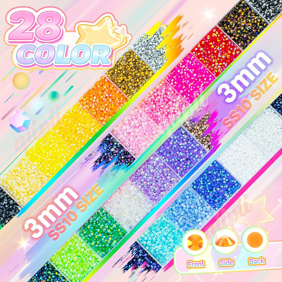 28 Color 3Mm Jelly Resin Rhinestones W B7000 Jewelry Glue for Bedazzling Crafting Flatback Stones No-Hotfix Colorful AB Gems Diamonds Charms for Nails Eyes Face Makeup Tumblers DIY Crafts Shoes image number 3