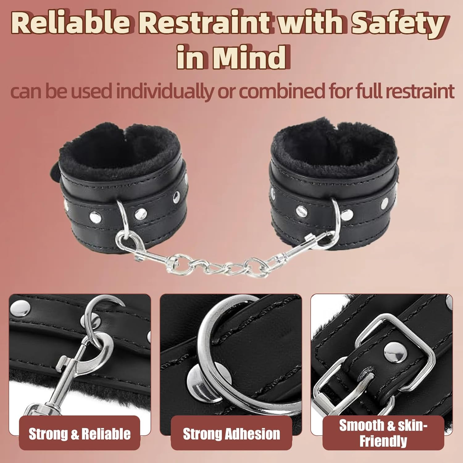 Sex Toys Sexy Cosplay Plush Handcuffs and Blindfold Set - Soft PU Leather Handcuffs for Bed, Couples Party Supplies for Lovers, Adjustable and Comfortable Restraints for Intimate Moments Black image number 2