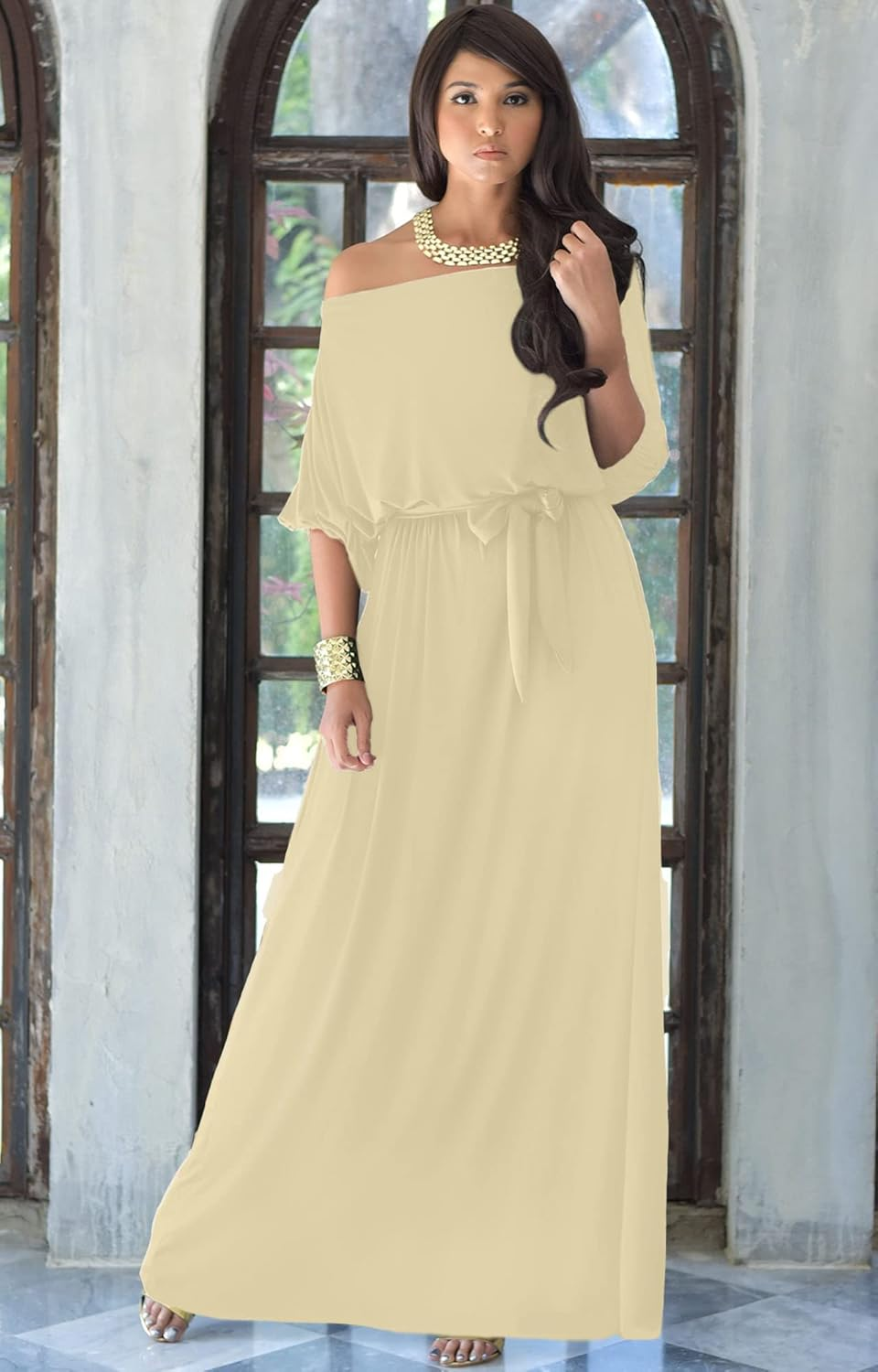 KOH KOH Womens Long Sexy One Shoulder Flowy Casual 3/4 Short Sleeve Maxi Dress