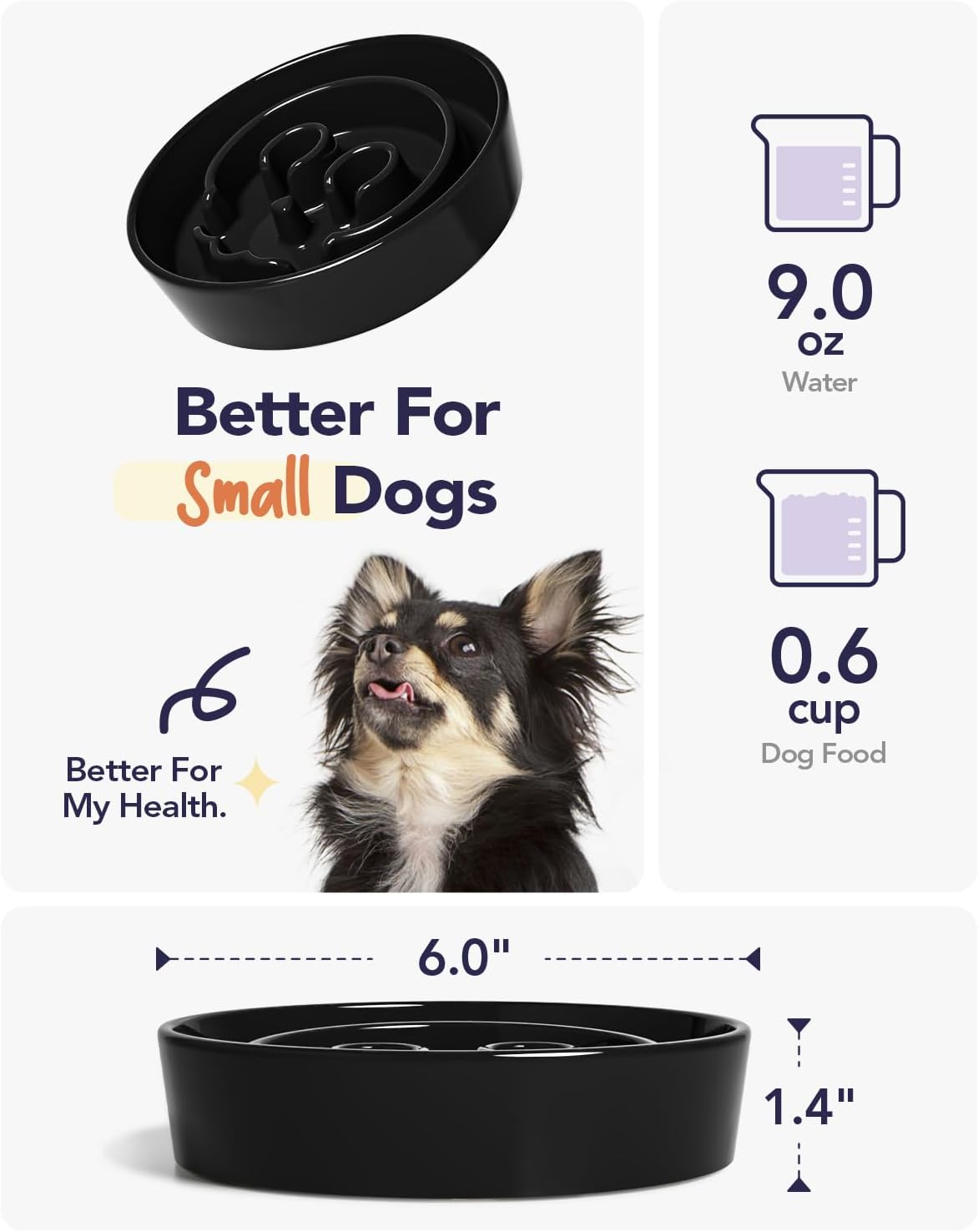 LE TAUCI Ceramic Slow Feeder Dog Bowls Small Breed, 0.6 Cups Dog Food Dish for Fast Eaters, Puzzle Bowl for Small Dogs and Cats,Skull Black image number 4