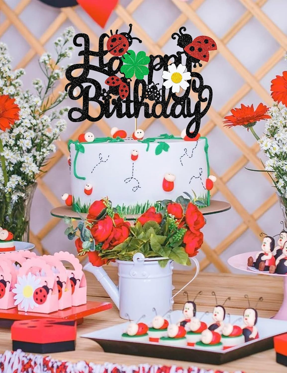 Confetti! Ladybug Cake Topper | Joyous Birthday Toppers Featuring Glittering Ladybugs, Daisies & Clovers - Essential Decoration Supplies for a Baby Shower or Boys and Girls' Birthday Celebration