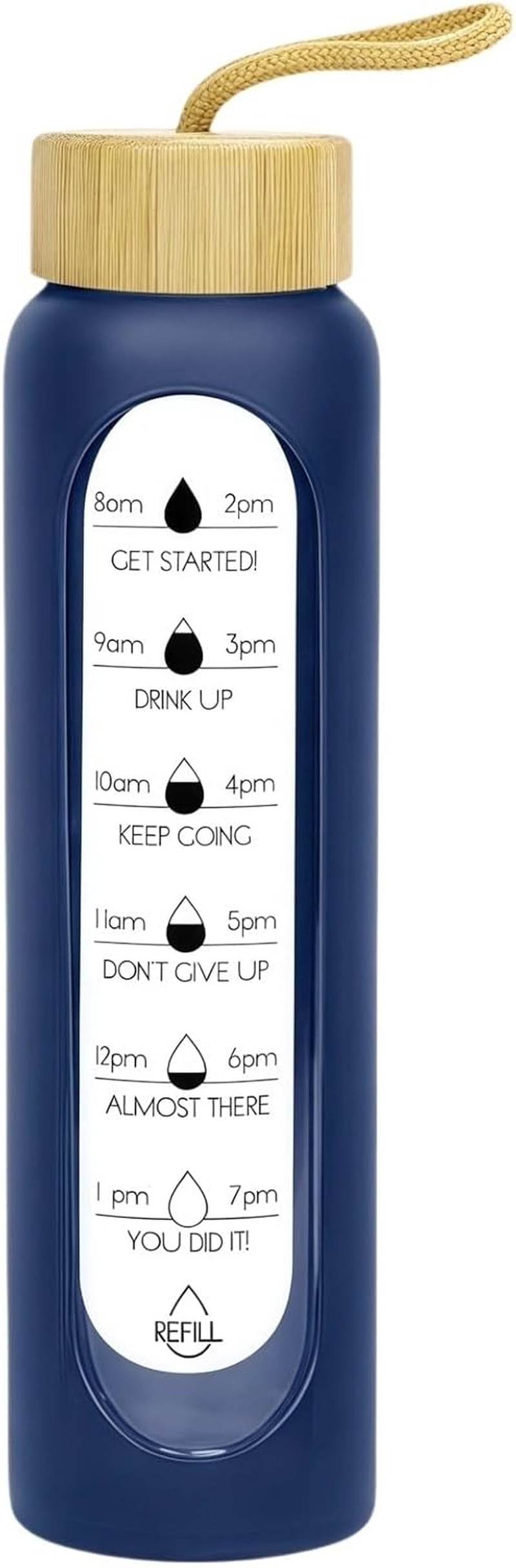 1Litre Glass Drink Bottle with Silicone Sleeve, Borosilicate Glass Water Bottle with Time Markings and Bamboo Lid, Wide Mouth (Army Green Silicone Sleeve, 1000Ml) - Dark Blue Silicone Sleeve