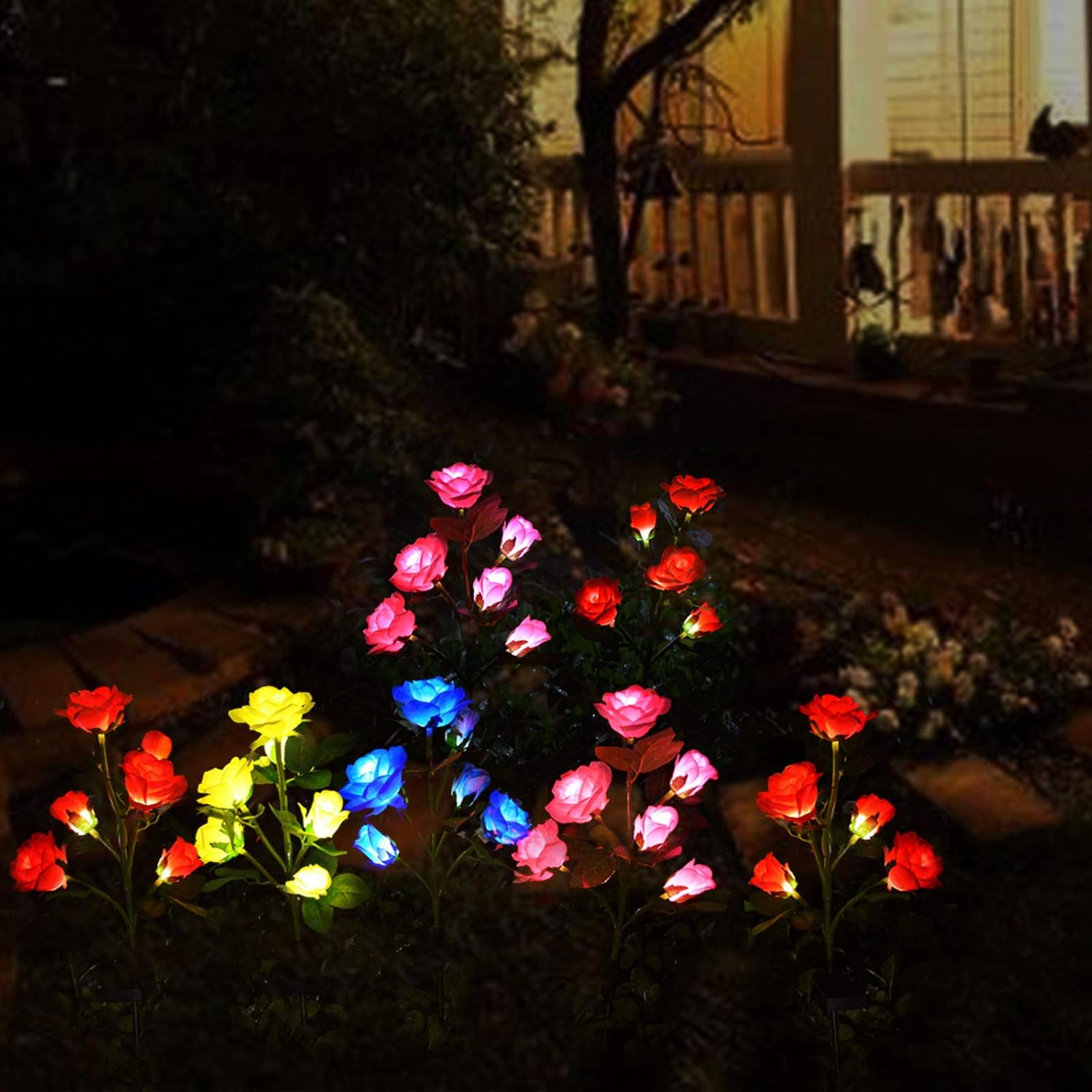 [Upgraded 6 Flowers]Solar Powered Artificial Rose Flower Lights,Waterproof Outdoor Garden Accent Lighting for Summer Country Field Yard Pathway Balcony Memorial Cemetery Gravesite Decorations, Yellow - Pink image number 6