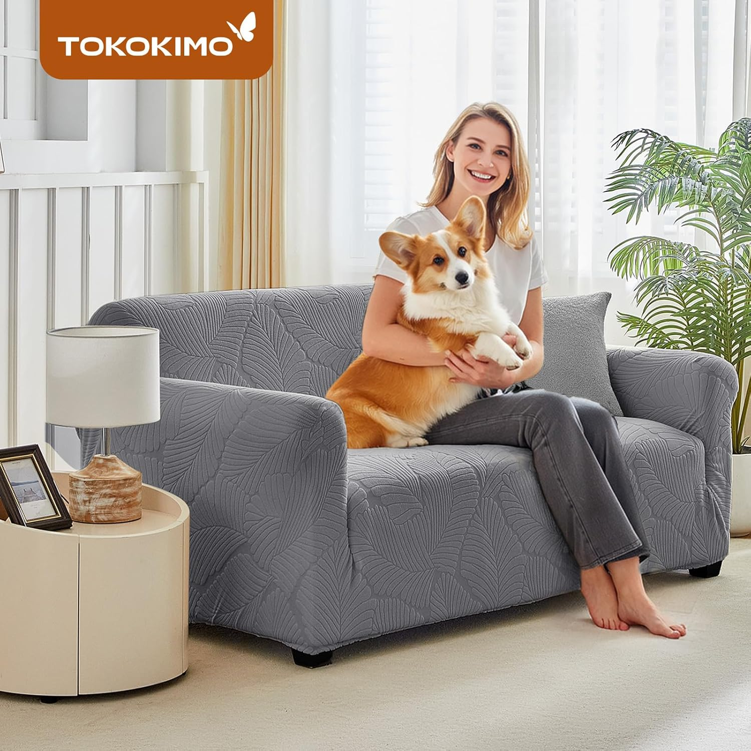 Tokokimo Stretch Soft Sofa Loveseat Couch Cover, Dual Waterproof Sofa Cover 1 Seater, Stretch Maple Leaf Jacquard Sofa Slipcover, Leakproof Furniture Protector for Kids, Pets, Dog and Cat (Dark Gray) image number 4