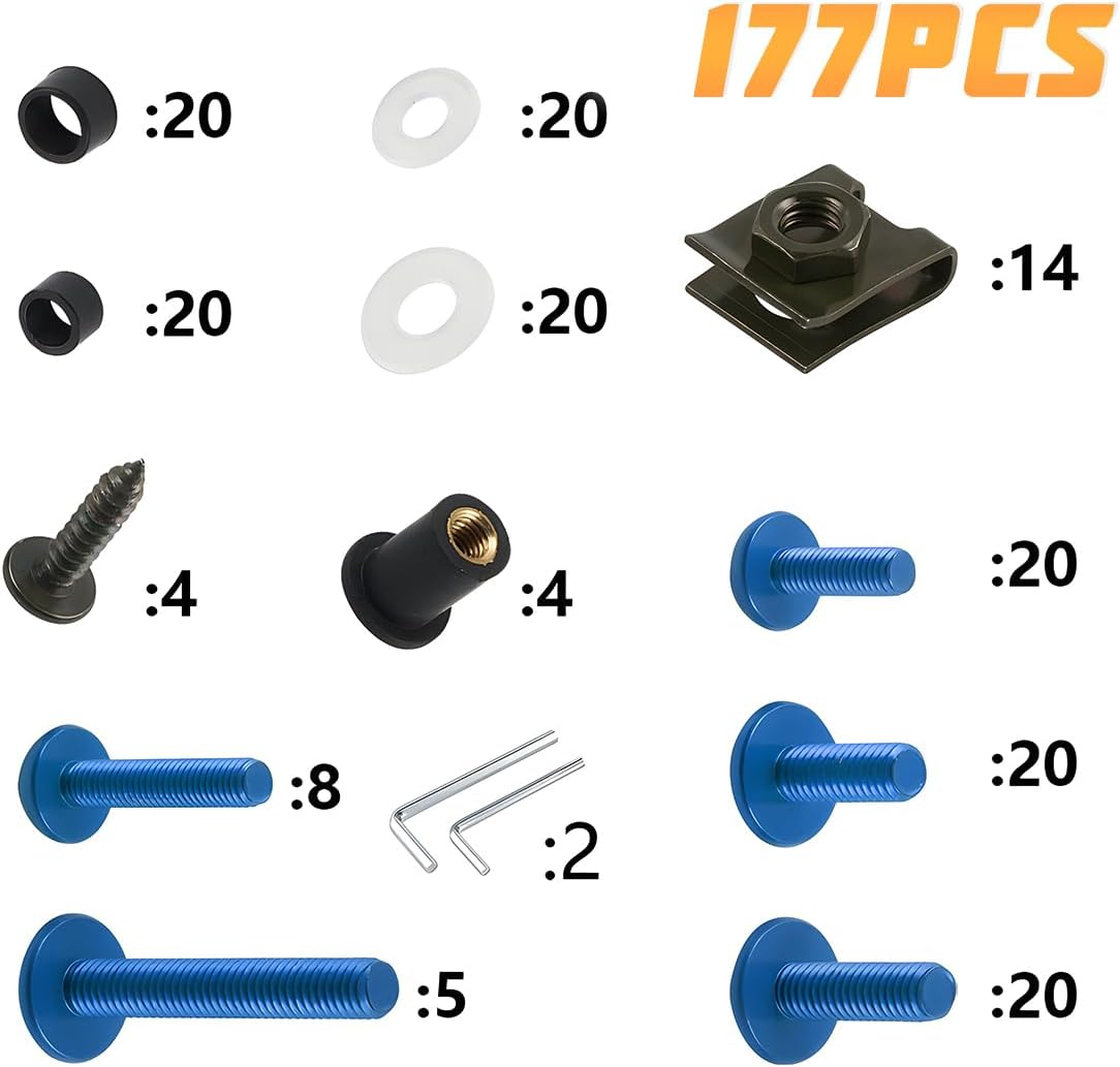 AICEL 177 Pcs Motorcycle Fairing Bolt Kit, Colorful Fasteners Bolts Nut Clips Set, M5 M6 Aluminum Motorcycle Windscreen Screws, Fixing Sportbike Bolts Fairing for Most Motorcycle - Blue image number 2