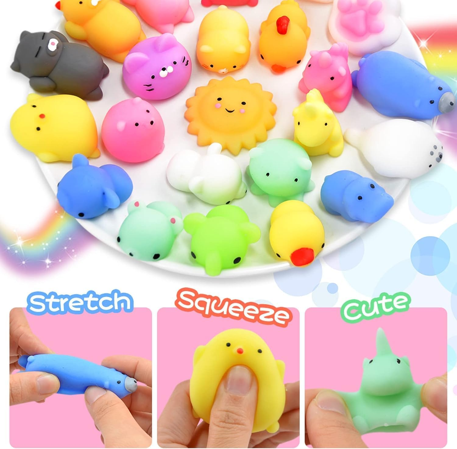 100 Pcs Mochi Squishy Toys, (Random) Mini Sensory Stress Relief Toys,Stress Reliever Anxiety Toys for Kids Women and Man,Classroom Prizes,Birthday Gift image number 3