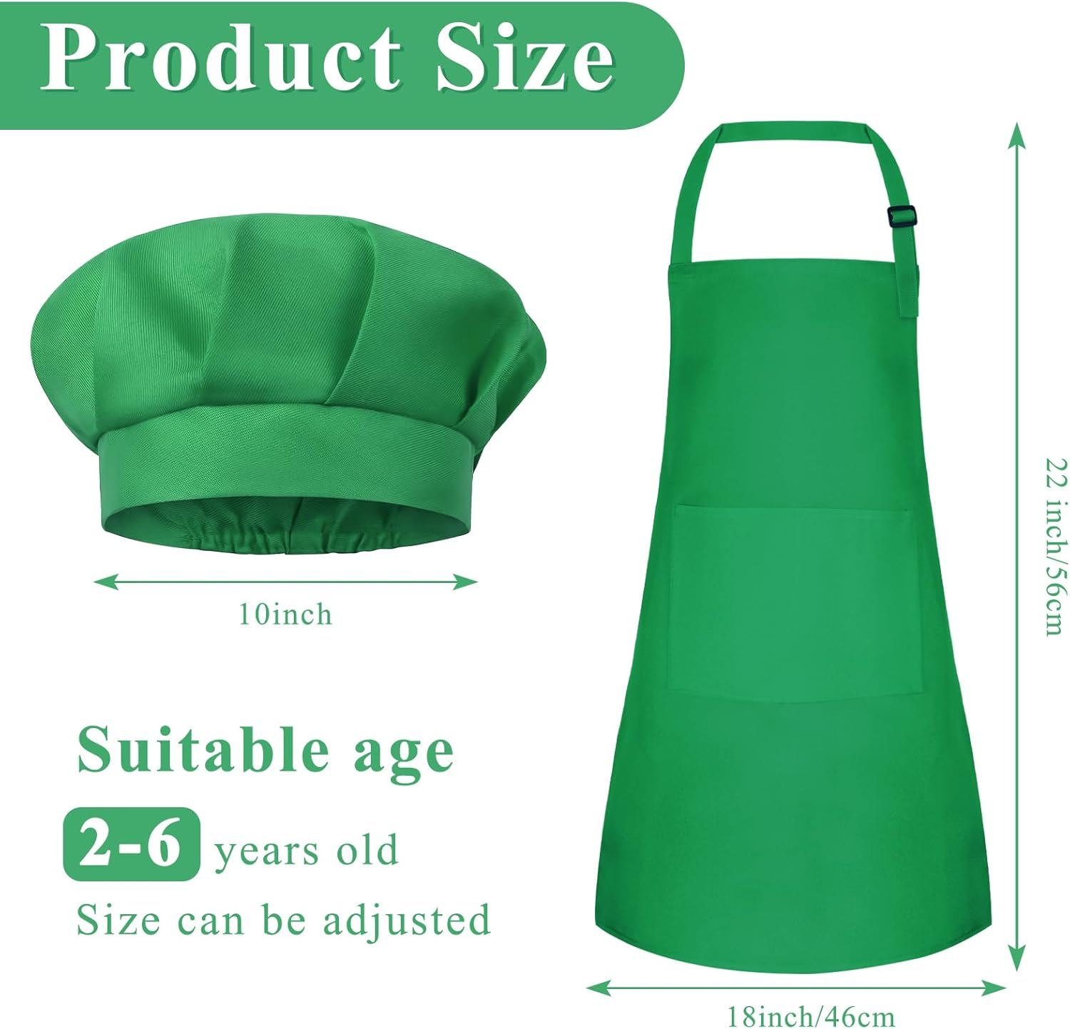 Kids Apron and Chef Hat Set Adjustable Chef Art Apron with 2 Pockets Toddler Chef Hat and Apron for Cooking Painting, M-Green, Small image number 5