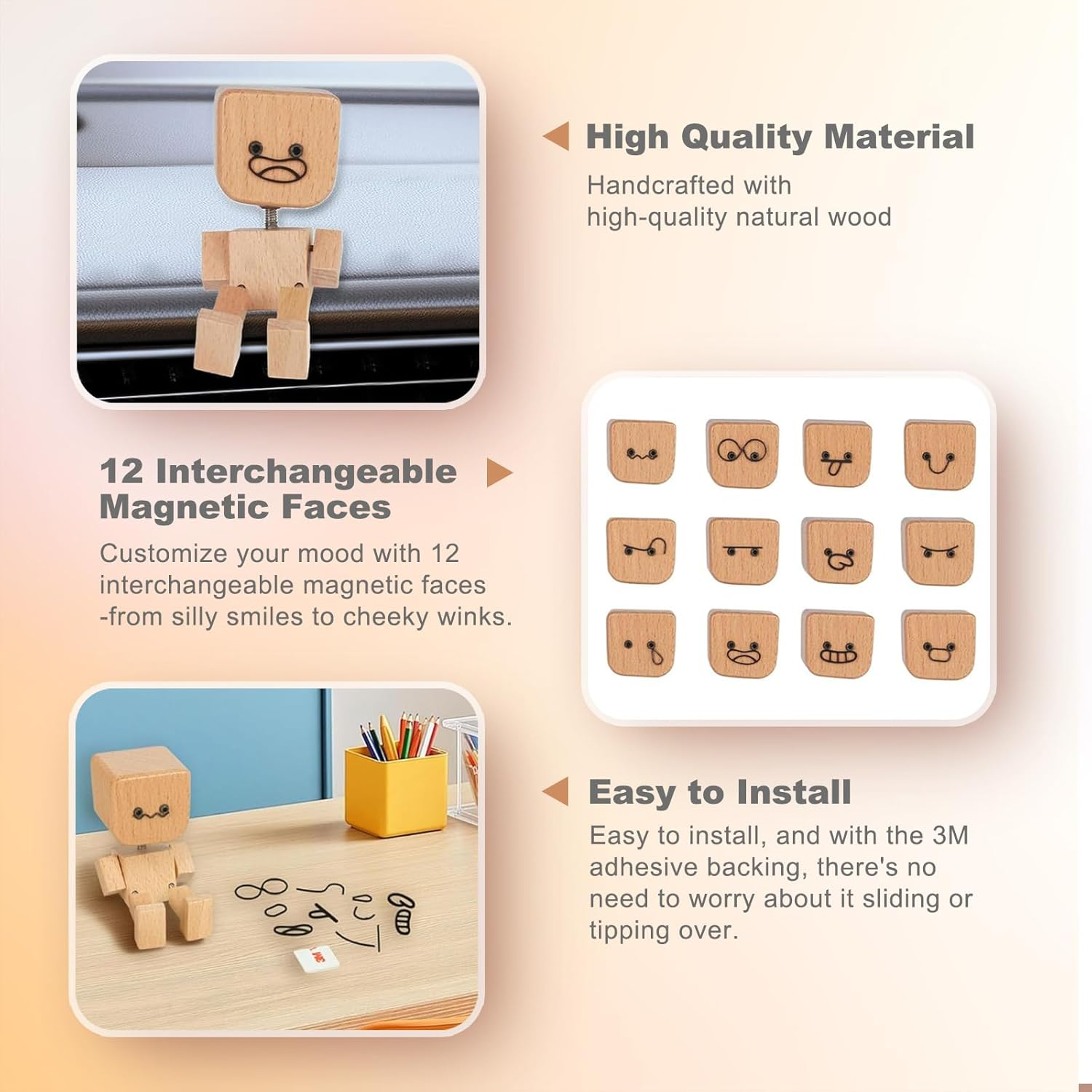 Shaking Wooden Man Figurine for Car Dashboard, Shaking Feet Wooden Doll with 12PCS Magnetic Expressions, Handmade Creative Wood Desktop Decor image number 4