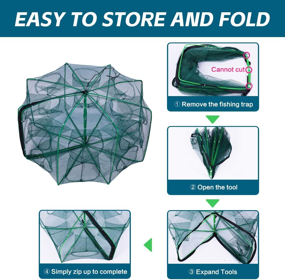 SUSOO Foldable Fishing Net with 10 Holes,Large 360&deg; Coverage Collapsible Bait Trap,Portable Nylon Fish Net Trap for Crayfish,Shrimp,Crab, Lobster and Minnow,Fishing Nets Use Easily in Second（32&rdquo;&times;10 &rdquo;） image number 5