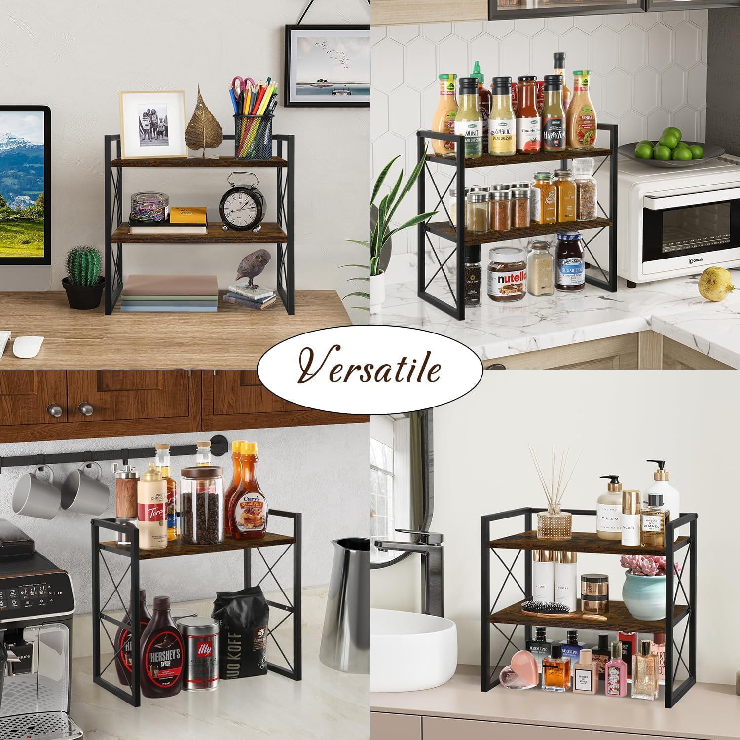 Desktop Shelf Organizer, 2 Tier Office Shelves, Wood Desk Organizer Storage Rack and Freestanding Display Shelf for Office, Dormitory, Home (Retro) image number 6