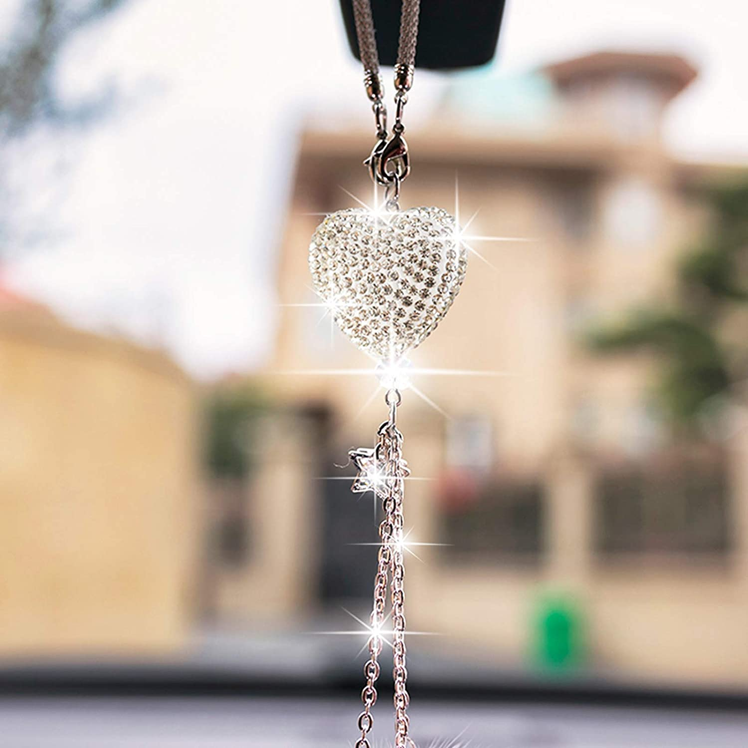 Bling Car Accessories for Women &pound;&brvbar; Men Bling White Heart and Pink Fuzzy Drops Bling Rinestones Diamond Car Accessories Crystal Car Rear View Mirror Charms,Lucky Hanging Accessories (Gray) - Pink image number 3