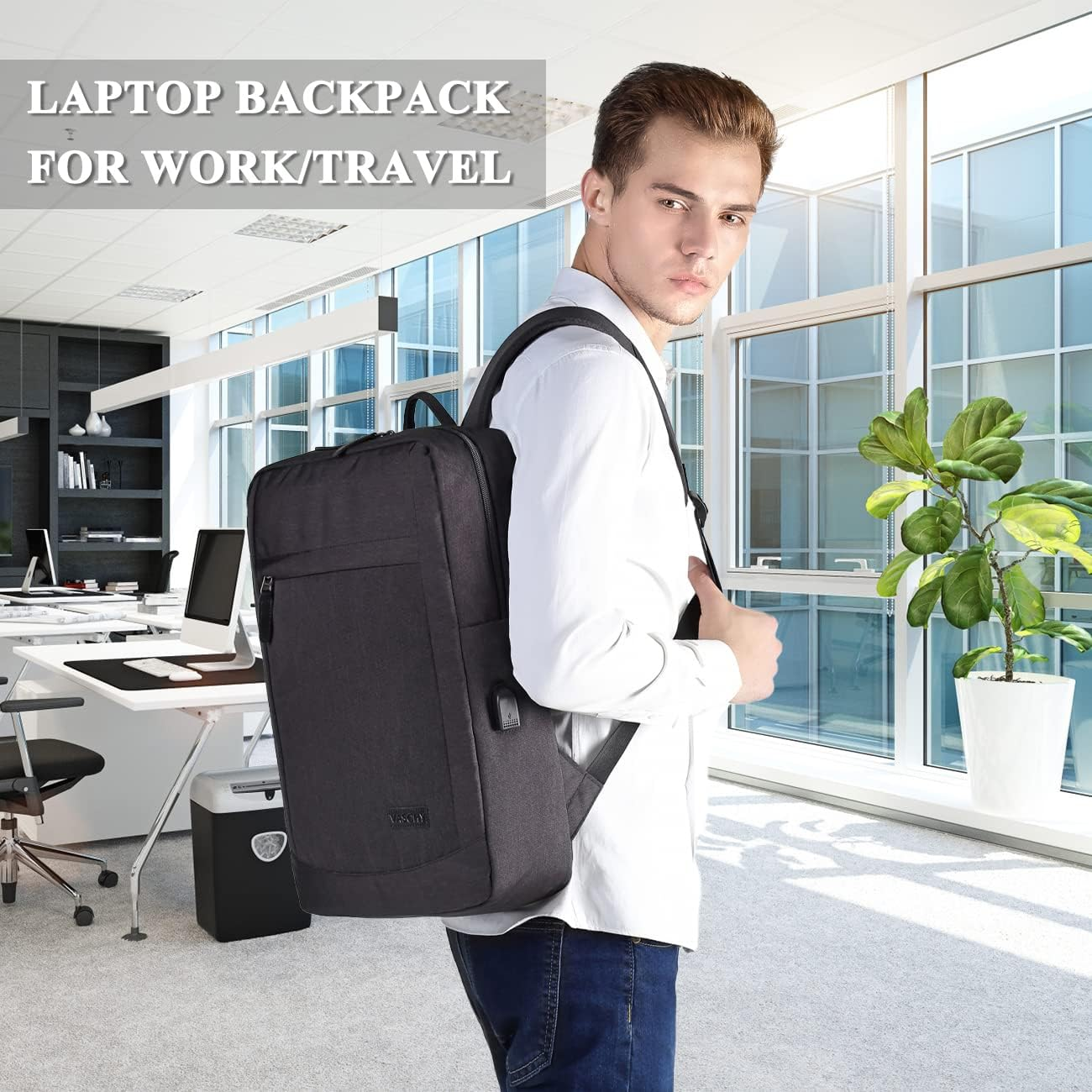 Laptop Backpack for Men Women, VASCHY Lightweight Business Backpack Fits 15.6-17 Inch Laptop College School Computer Bag for Work Travel Rucksack with USB Charging Port Black - Dark Gray image number 7