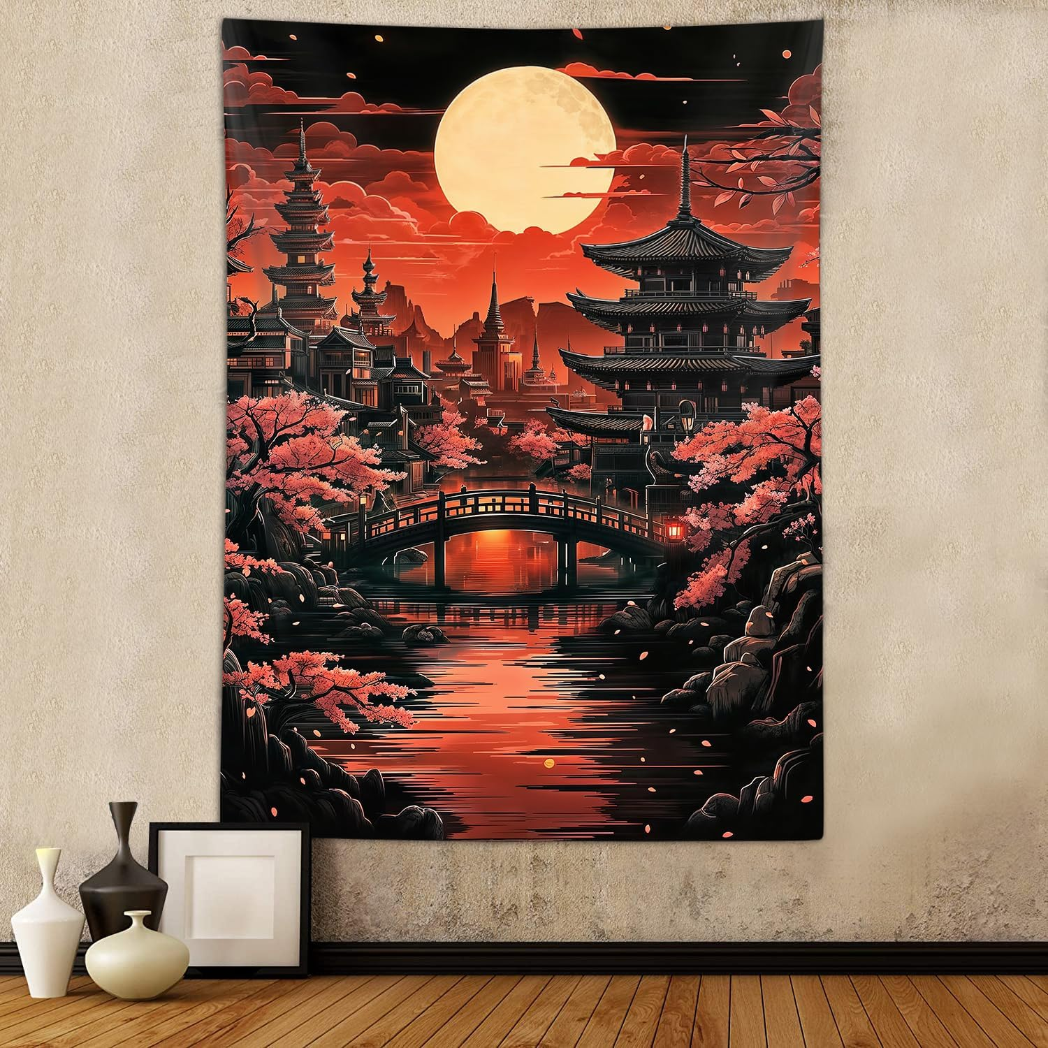 Japanese Yin Yang Koi Fish Tapestry, Cool Red and Black Anime Sakura Art Tapestries Vertical Wall Hanging for Men Bedroom Living Room Office Decor 40X60", Asian Cherry Blossoms Poster Blanket