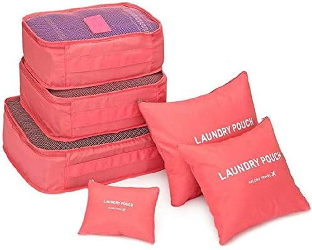 Go2Buy 6Pcs Travel Luggage Organizer Set Backpack Storage Pouches Suitcase Packing Bags (Peach Red)