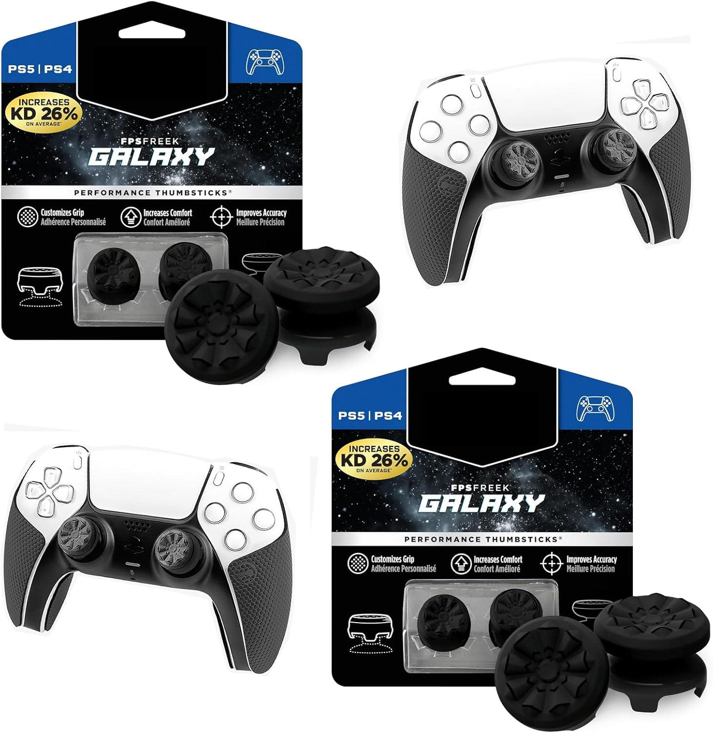 FPS Freek Galaxy 2Sets Thumbsticks for PS5, PS4 Controllers &ndash; High-Rise & Mid-Rise Performance Grips &ndash; Enhanced Accuracy, Comfort & Control &ndash; Gaming Accessories for Playstation (2 Black)
