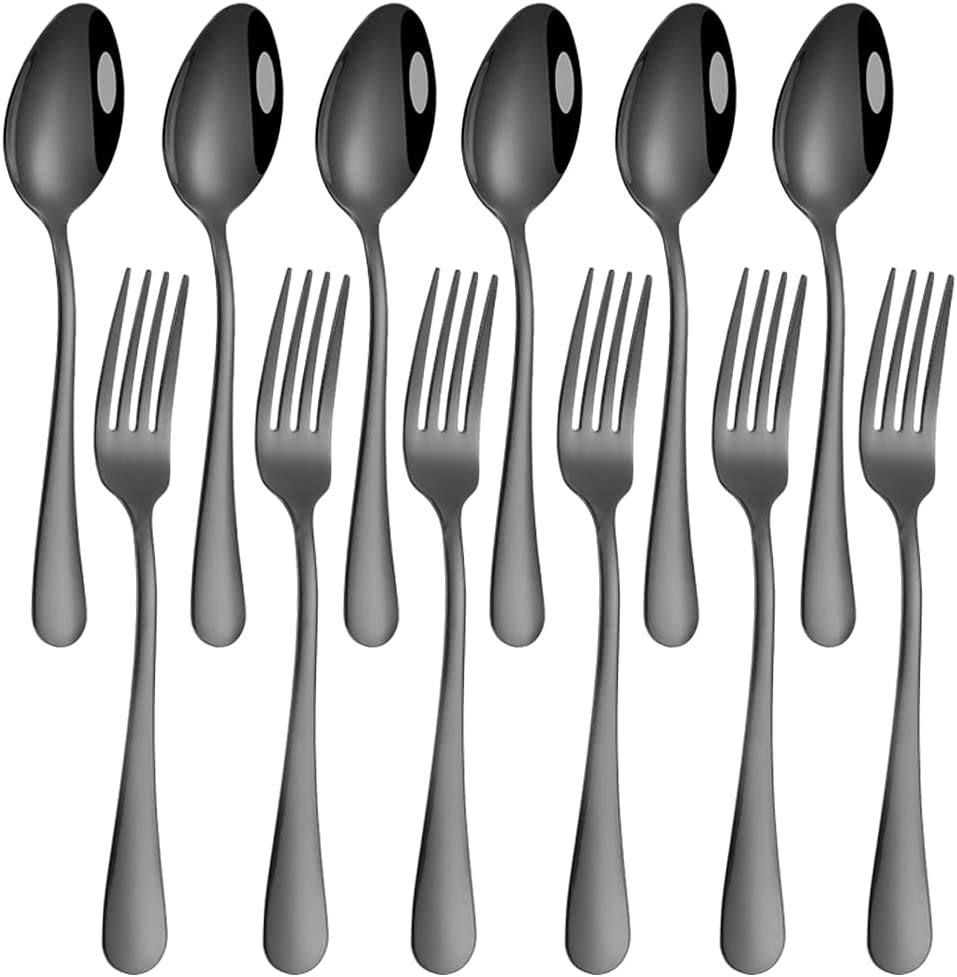 Set of 12, Black Plated Stainless Steel Dinner Forks and Spoons, Findtop Heavy-Duty Forks (8 Inch) and Spoons (7 Inch) Cutlery Set- Black